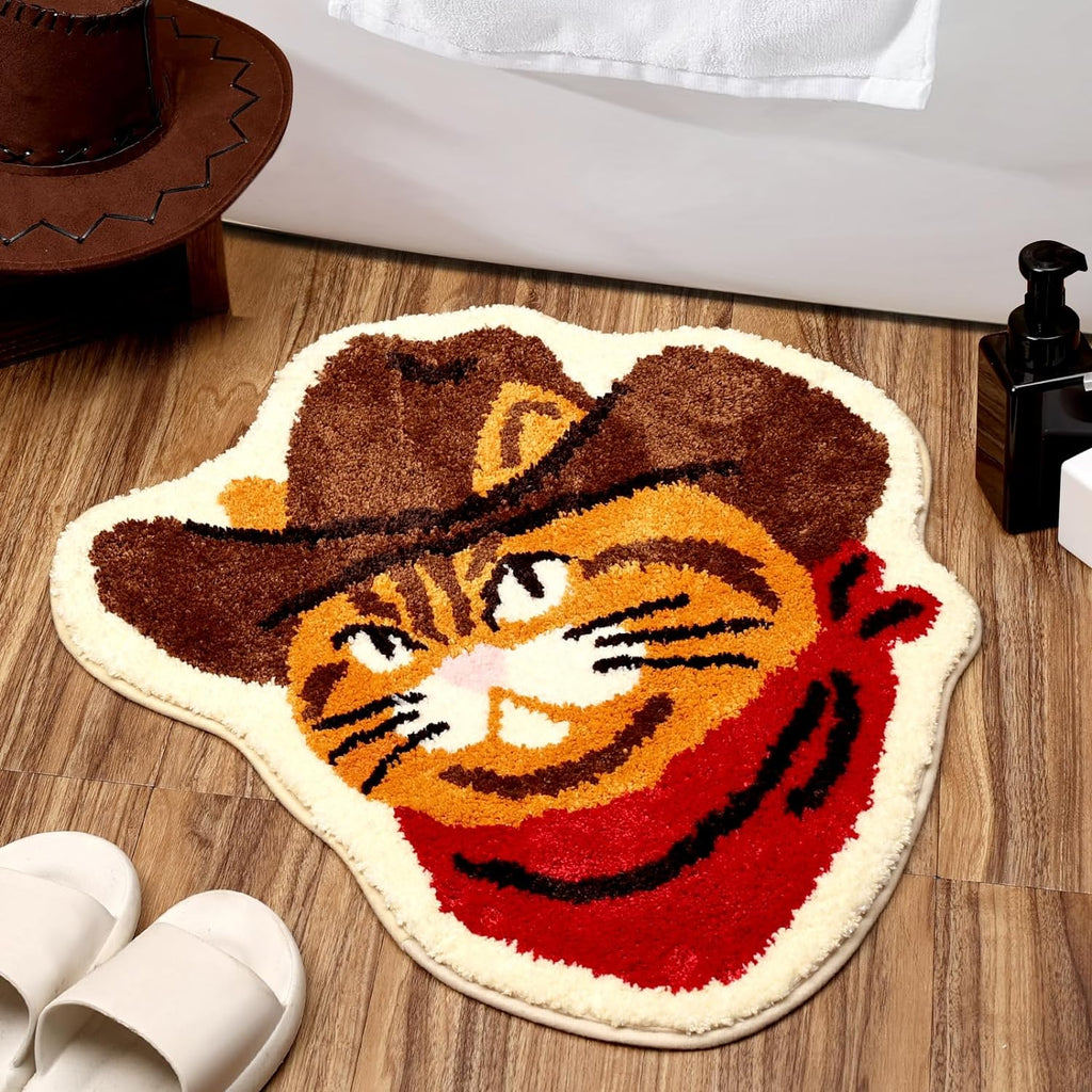 Funny Western Cat Bath Mat Non Slip Washable Floor Mat with Western Cat Design Soft Tufted Plush Doormat