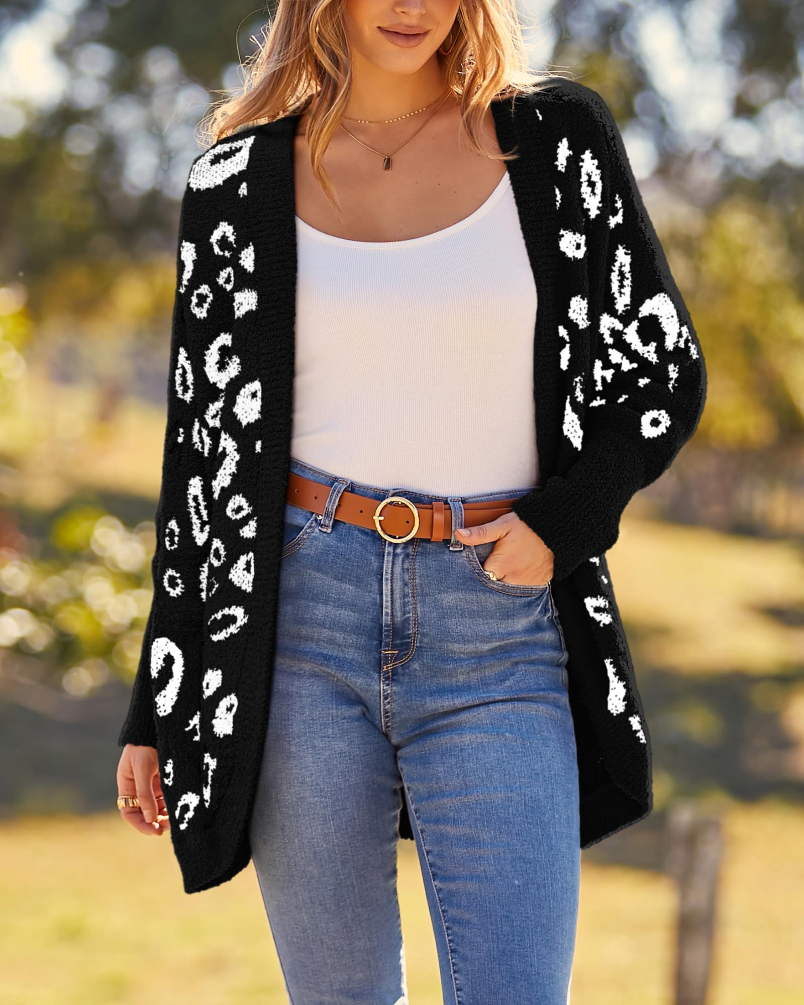 Women Fashion Leopard Print Long Sleeve Sweater Cardigan Loose Knit Open Front Fall Winter Outwear Coats