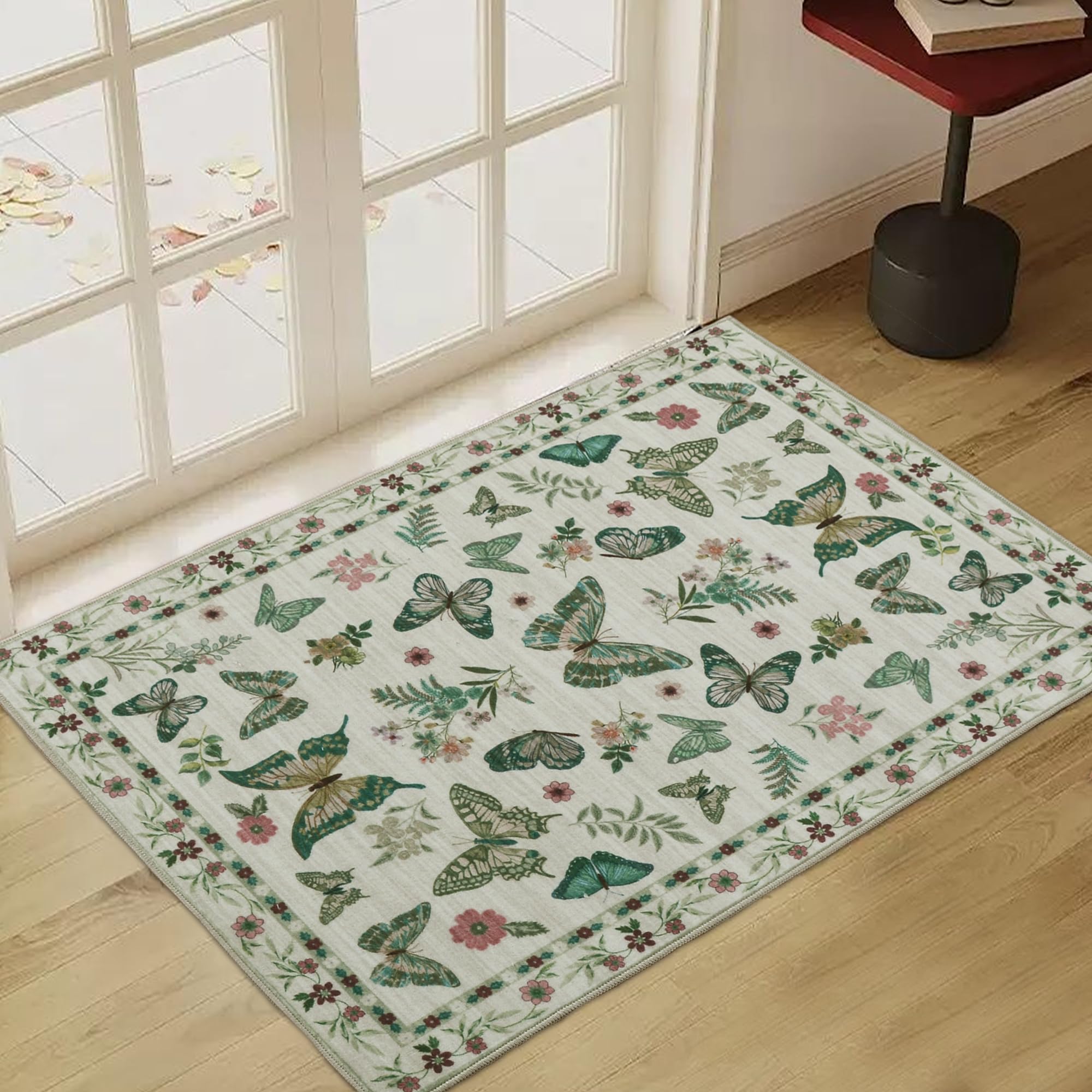 Insect Floral Area Rug, Machine Washable Area Rug Non-Slip Low Pile Large Bedroom Rug Stain Resistant Throw Rug Carpet