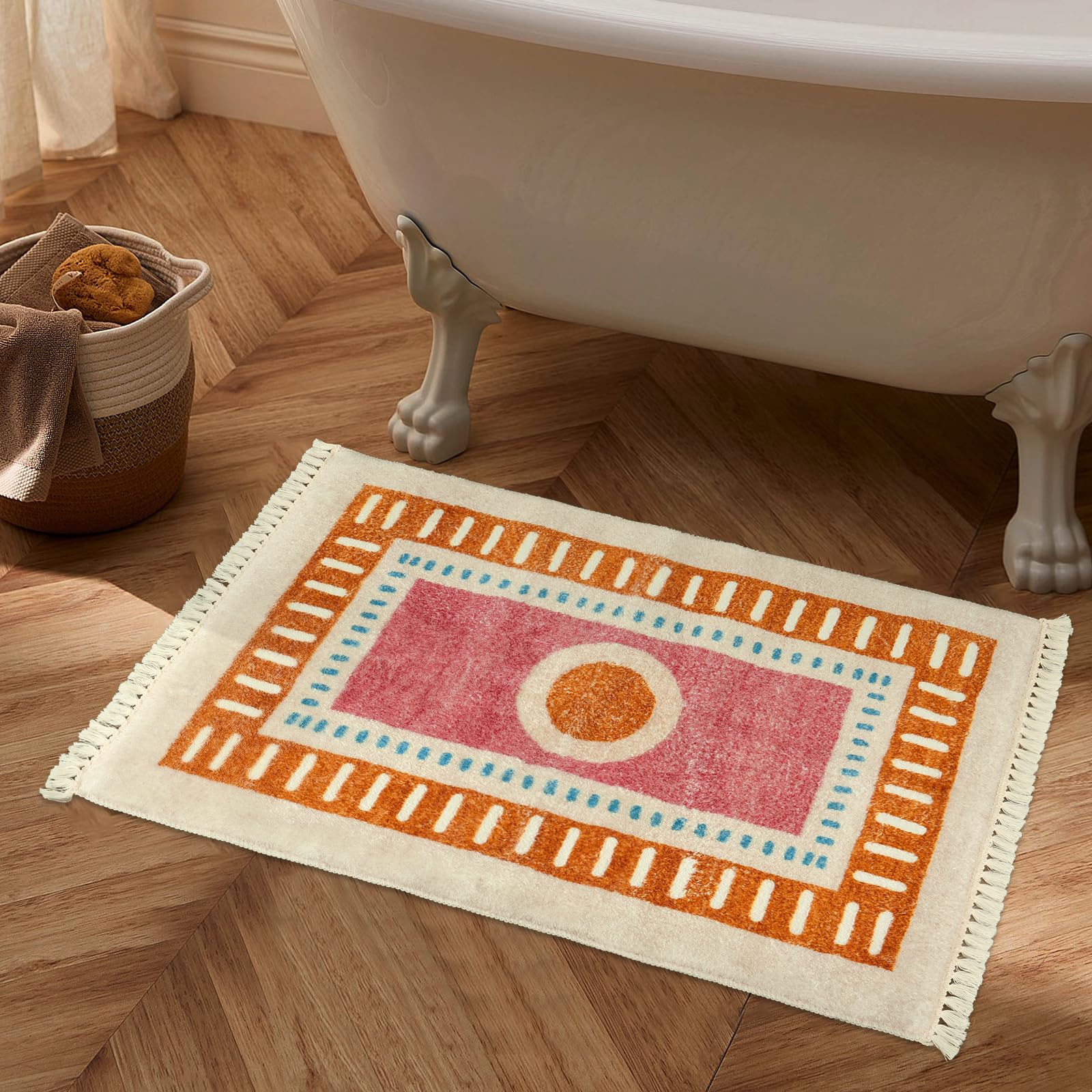 Orange Rainbow Boho Runner Rugs with Fringes, Sun Washable Hallway Runner Rug, Soft Non-Slip Area Rug