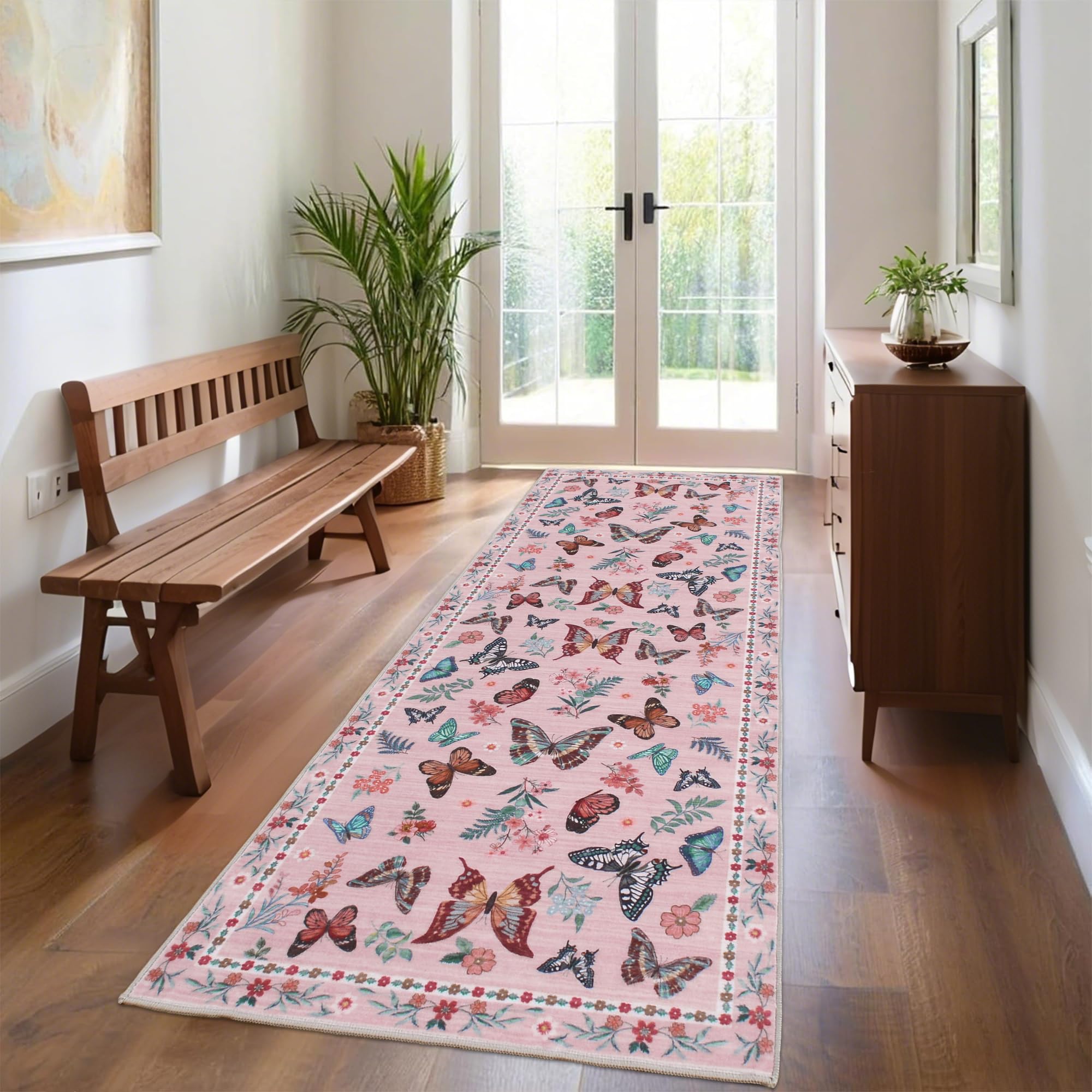 Insect Floral Area Rug, Machine Washable Area Rug Non-Slip Low Pile Large Bedroom Rug Stain Resistant Throw Rug Carpet