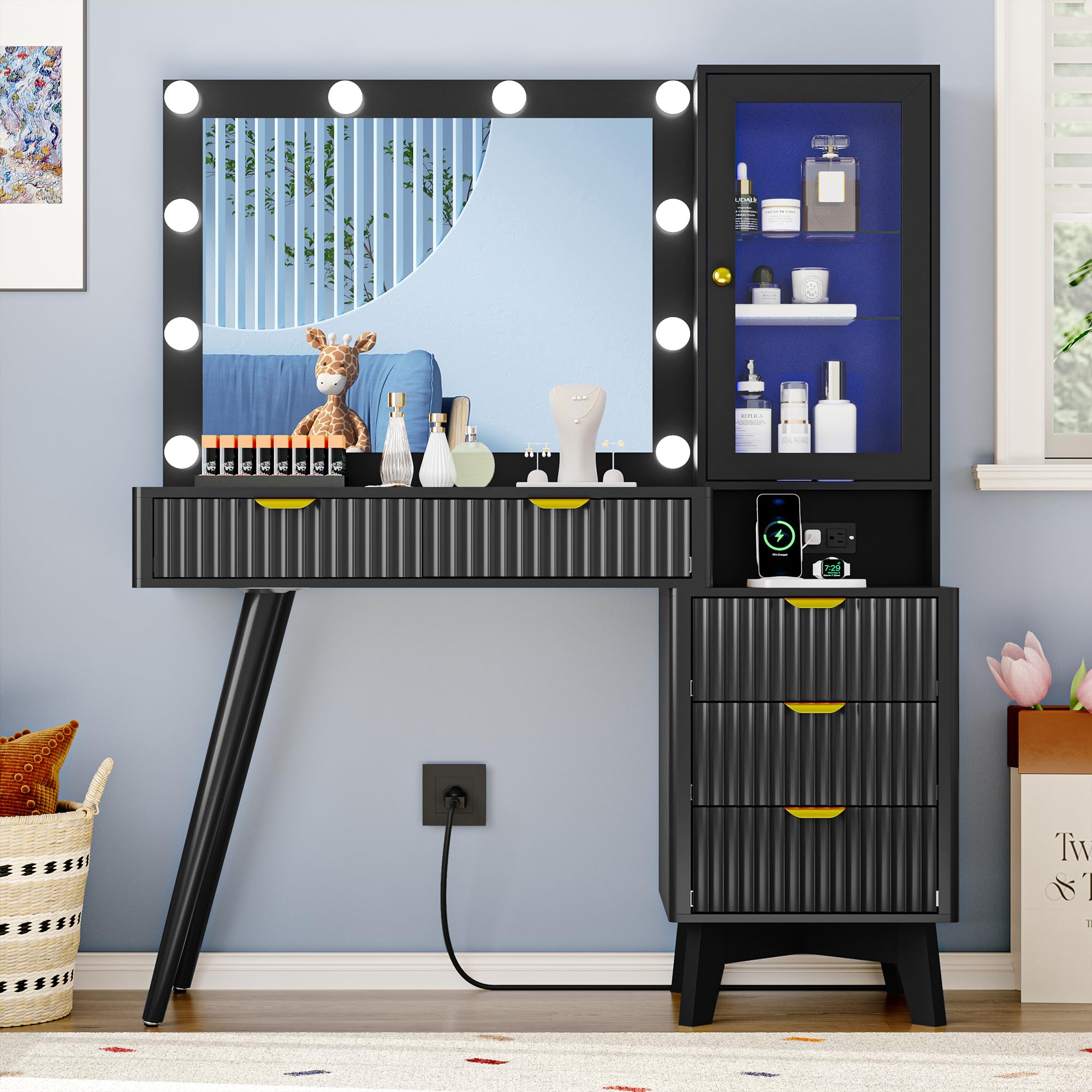 Fluted Vanity Desk with Mirror and Lights, 45" Glass Top Makeup Table Set with 5 Drawers, Power Outlet & Storage Cabinet, Large Dressing Table with RGB Ambient Light