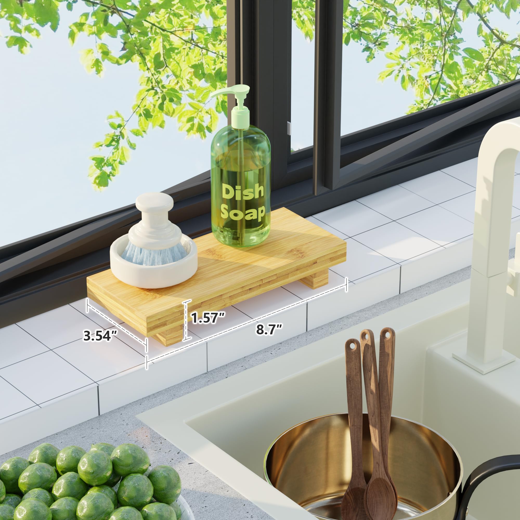 Tray Decor Bamboo Pedestal Stand Risers for Display Decorative, Sink Tray for Kitchen Decor and Accessories, Soap Dish Holder Kitchen Counter Tray 8.7" x 3.5" x 1.6"