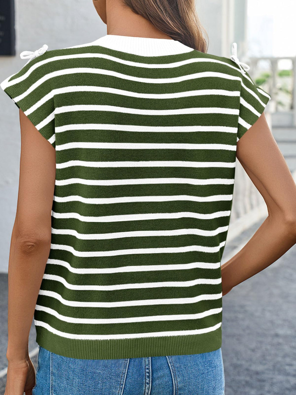Womens Striped Bow Top Cap Sleeve Summer Cute Crewneck Going Out Lightweight Knit Sweater Vest Tops