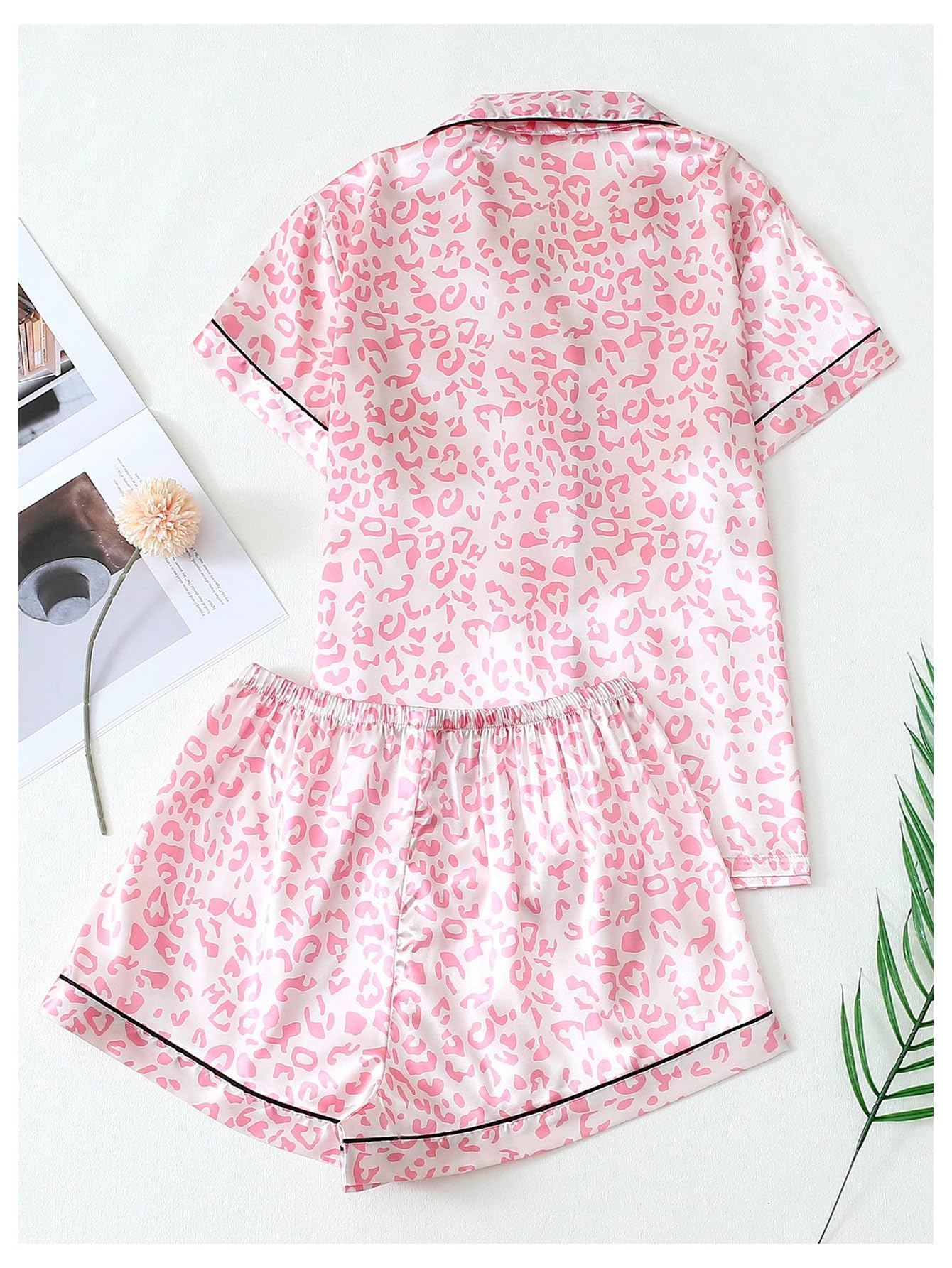 Women's Silk Satin Pajama Set Print Sleepwear Short Sleeve Button Down Pjs Shorts Cheetah Loungewear
