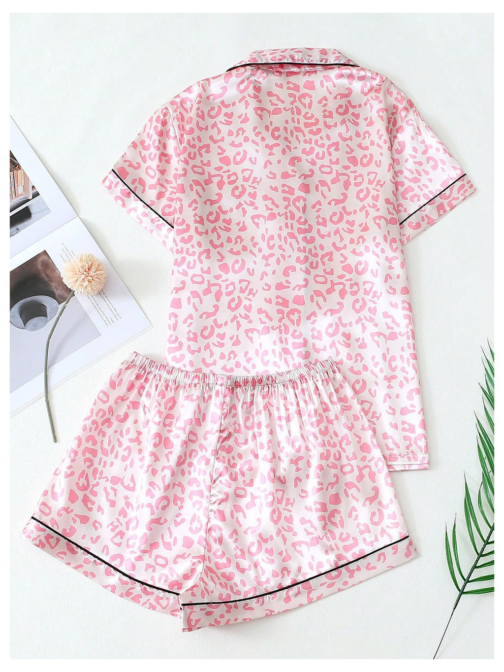 Women's Silk Satin Pajama Set Print Sleepwear Short Sleeve Button Down Pjs Shorts Cheetah Loungewear