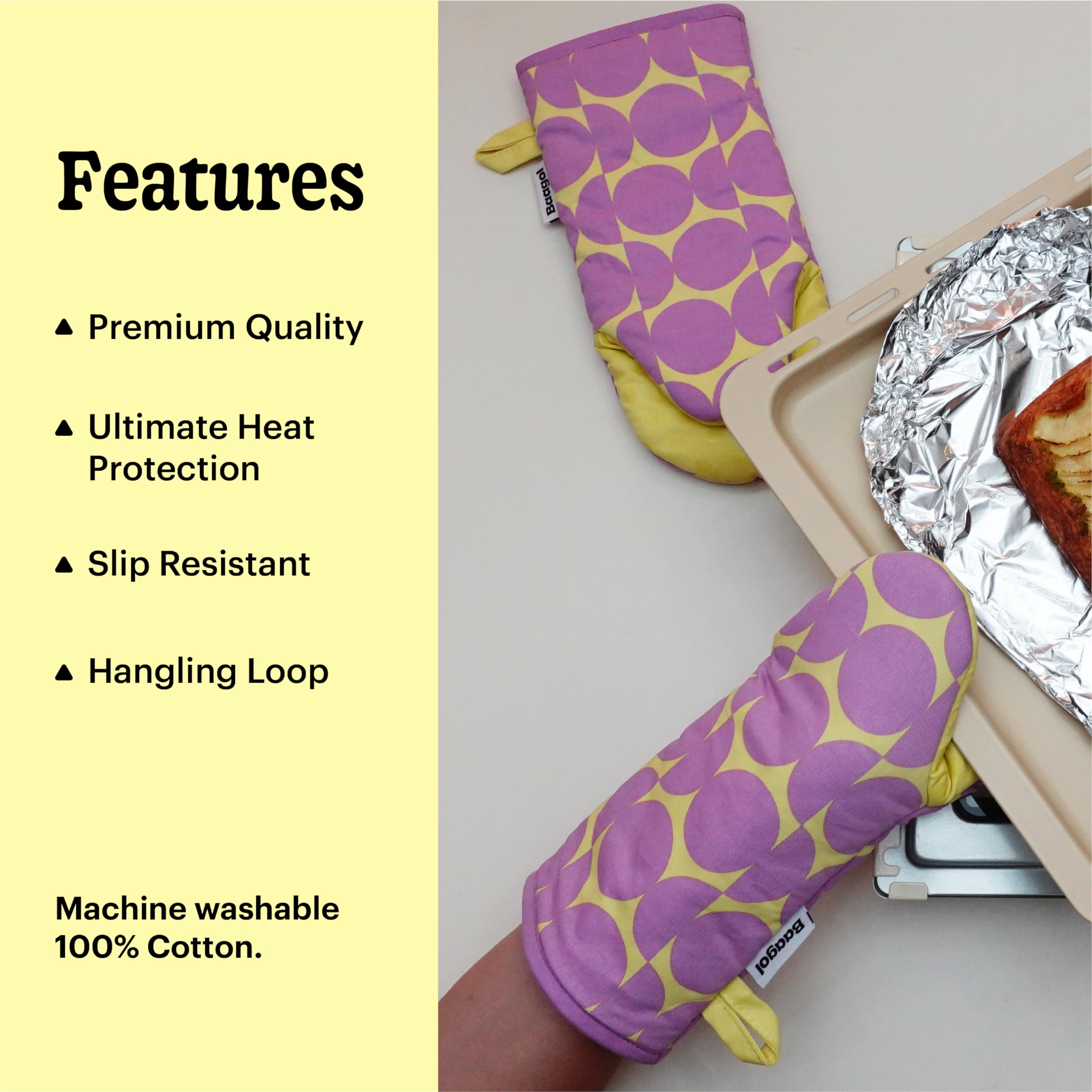 Modern and Cute Cotton Kitchen Mittens with Non-Slip Silicone Grips and Hanging Loops