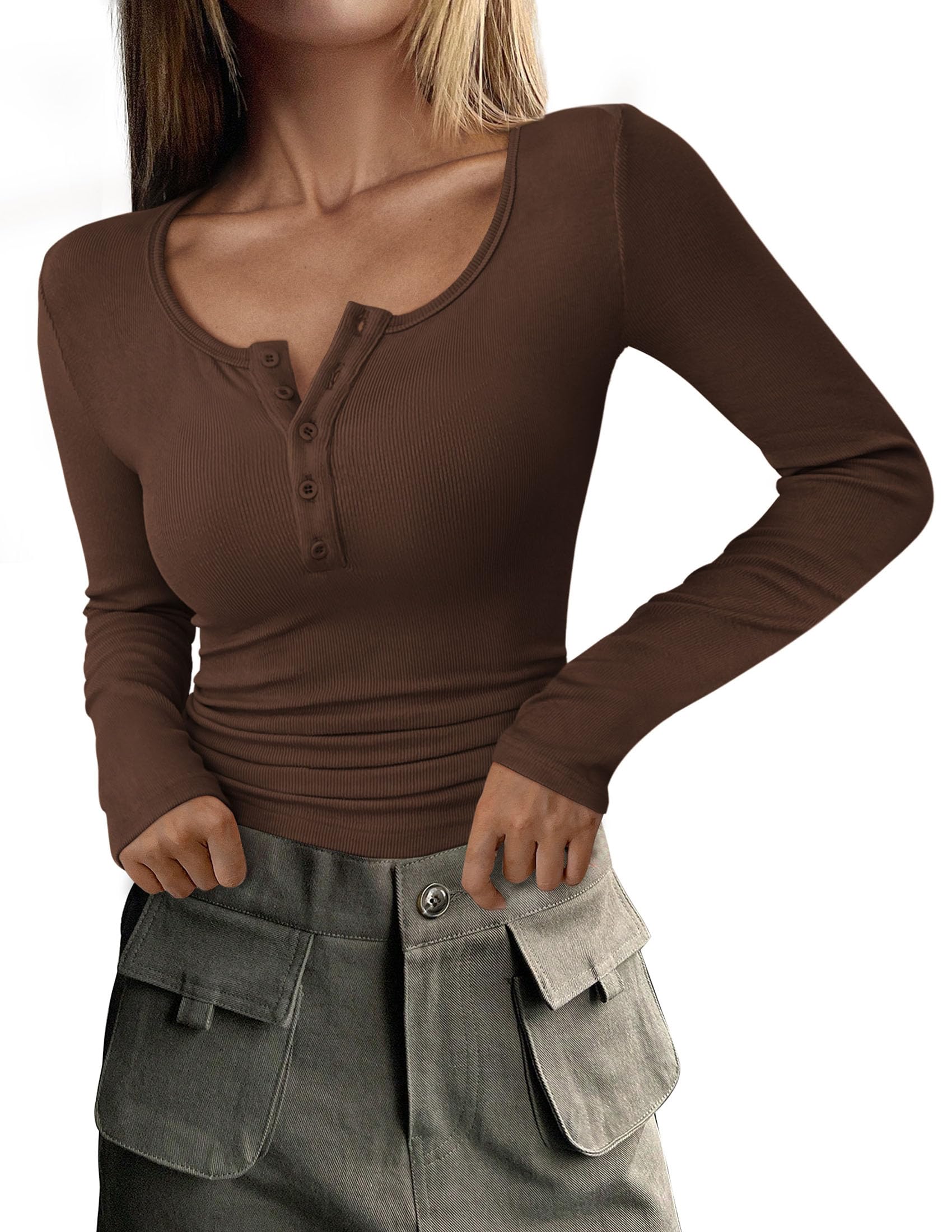 Women's Long Sleeve T Shirts Button Ribbed Knit Slim Fit Basic Tops Blouse