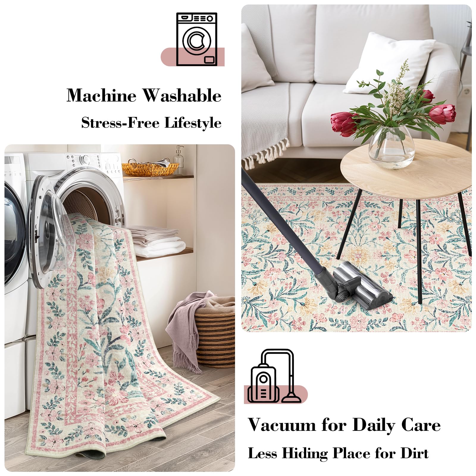 Machine Washable Boho Soft Floral Carpet Non Slip, Indoor Ultra-Thin Floor Carpet for Kid Room Living Room Dorm