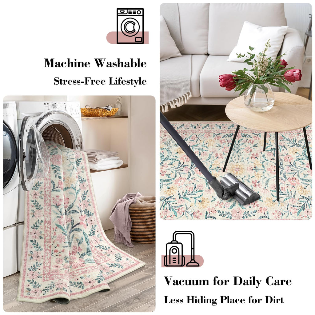 Machine Washable Boho Soft Floral Carpet Non Slip, Indoor Ultra-Thin Floor Carpet for Kid Room Living Room Dorm