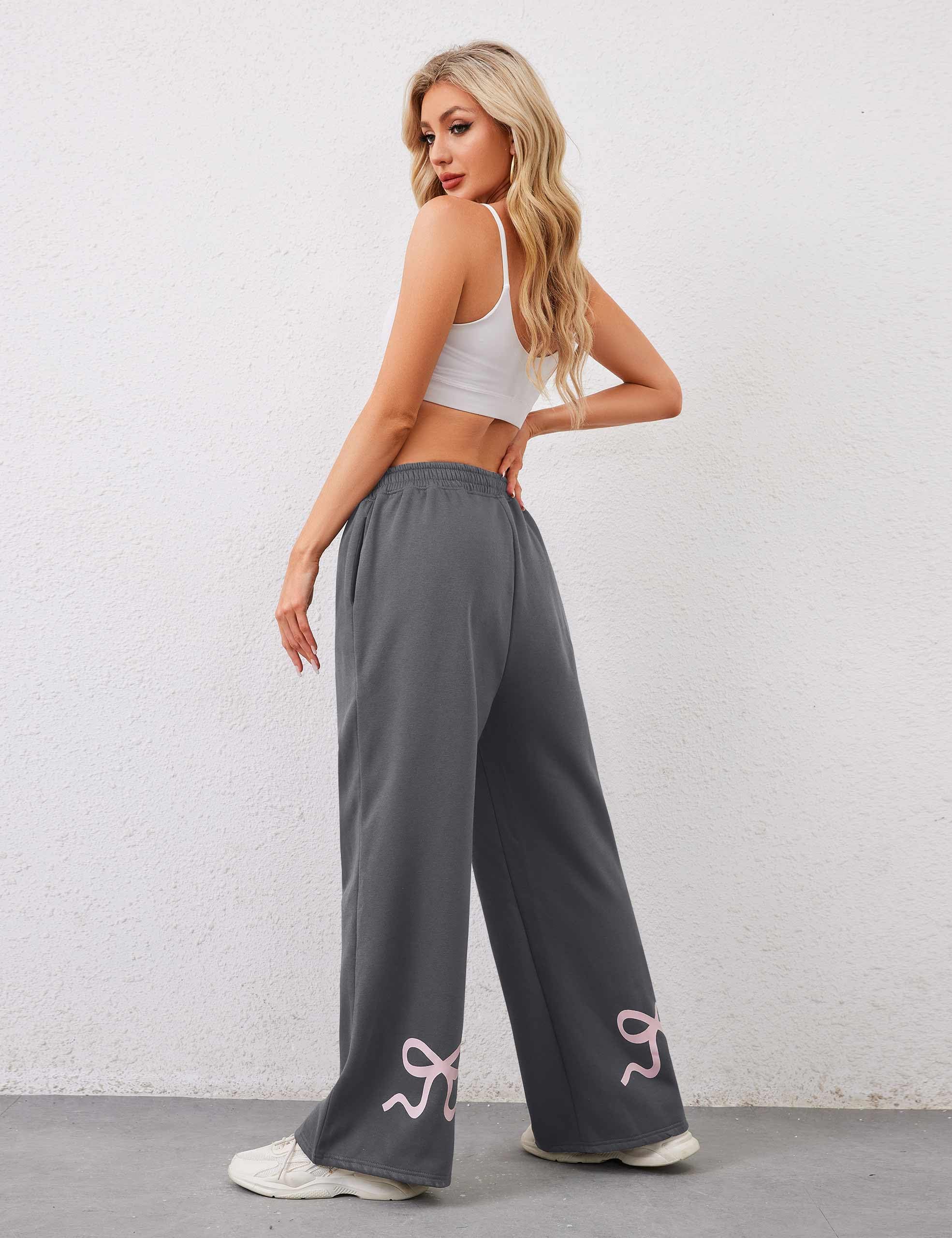 Women's Wide-Leg Sweatpants â€?Straight Leg, Graphic Bow Print, Elastic Waistband, Lounge Joggers with Pockets