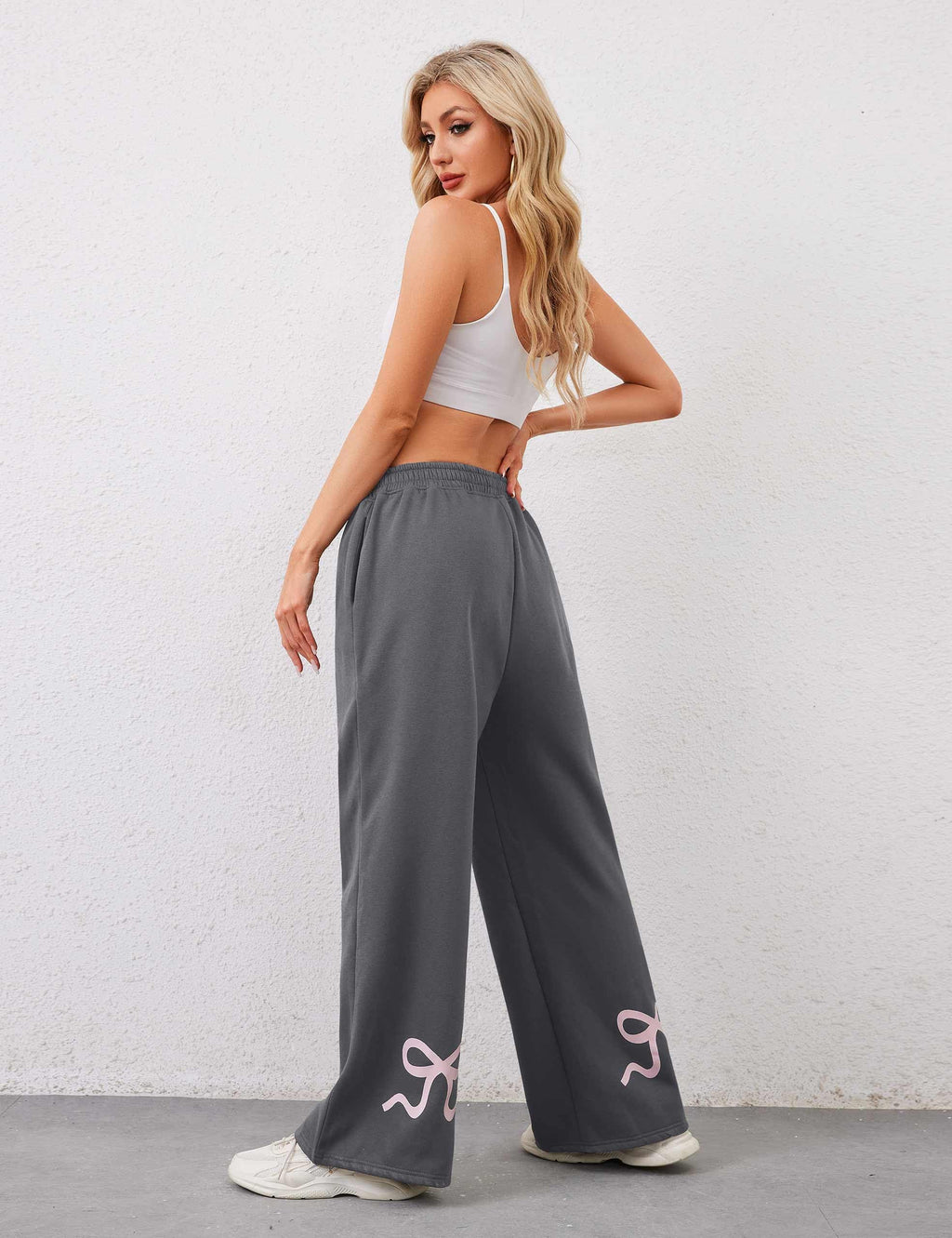 Women's Wide-Leg Sweatpants â€?Straight Leg, Graphic Bow Print, Elastic Waistband, Lounge Joggers with Pockets