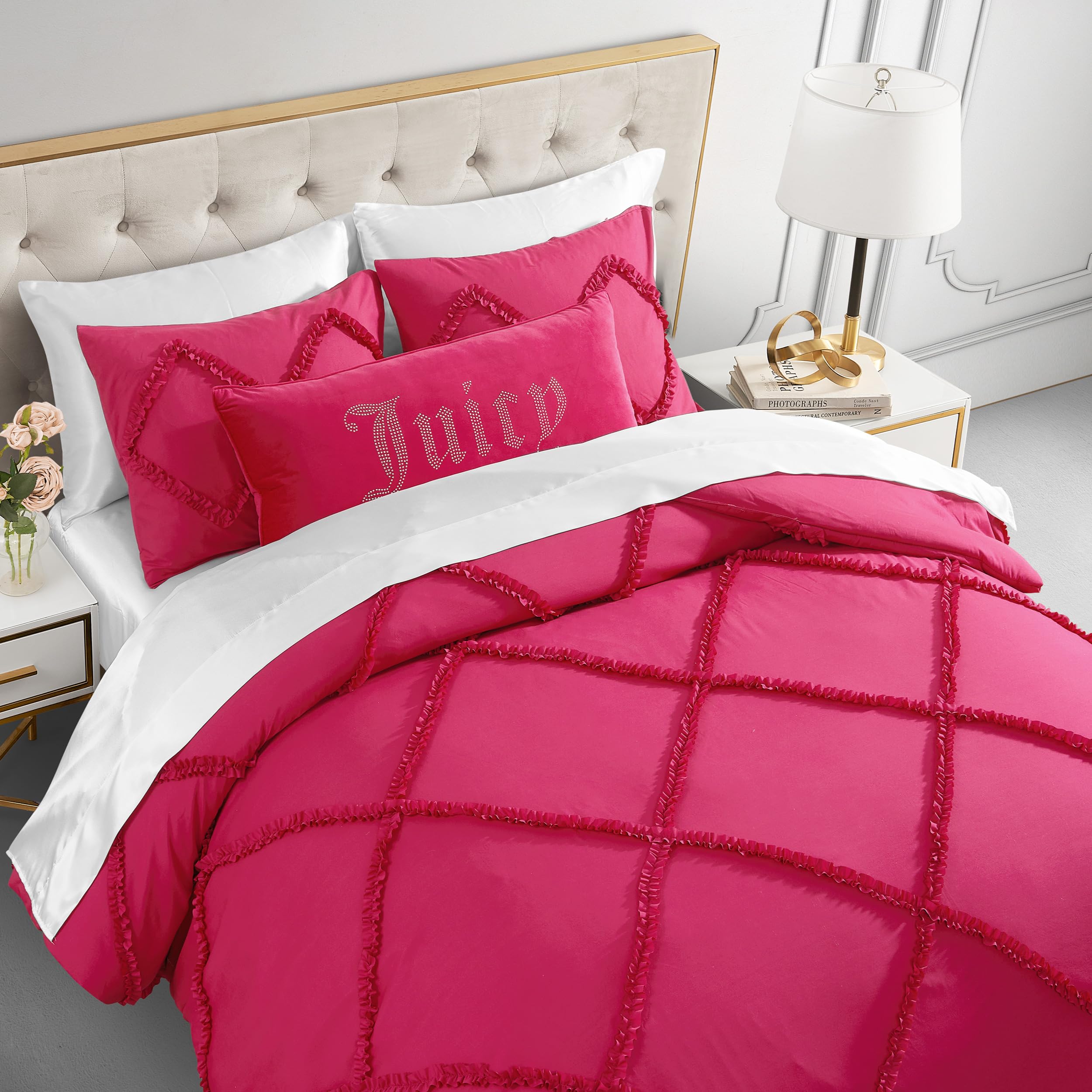 Juicy Couture Diamond Queen Comforter Set - Ruffle 3-Piece Machine Washable Reversible Bedding Comforter Set