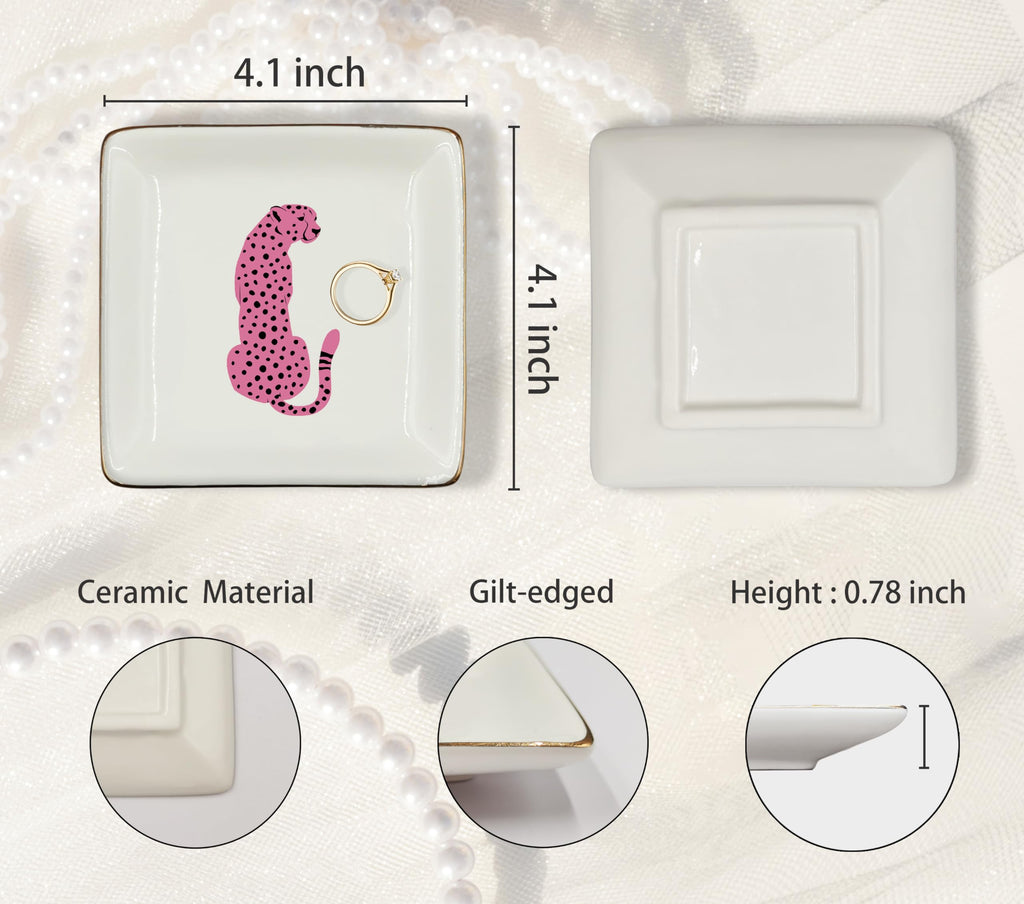 Ceramic Jewelry Tray Dish, Pink Print Jewelry Plate Trinket Dish