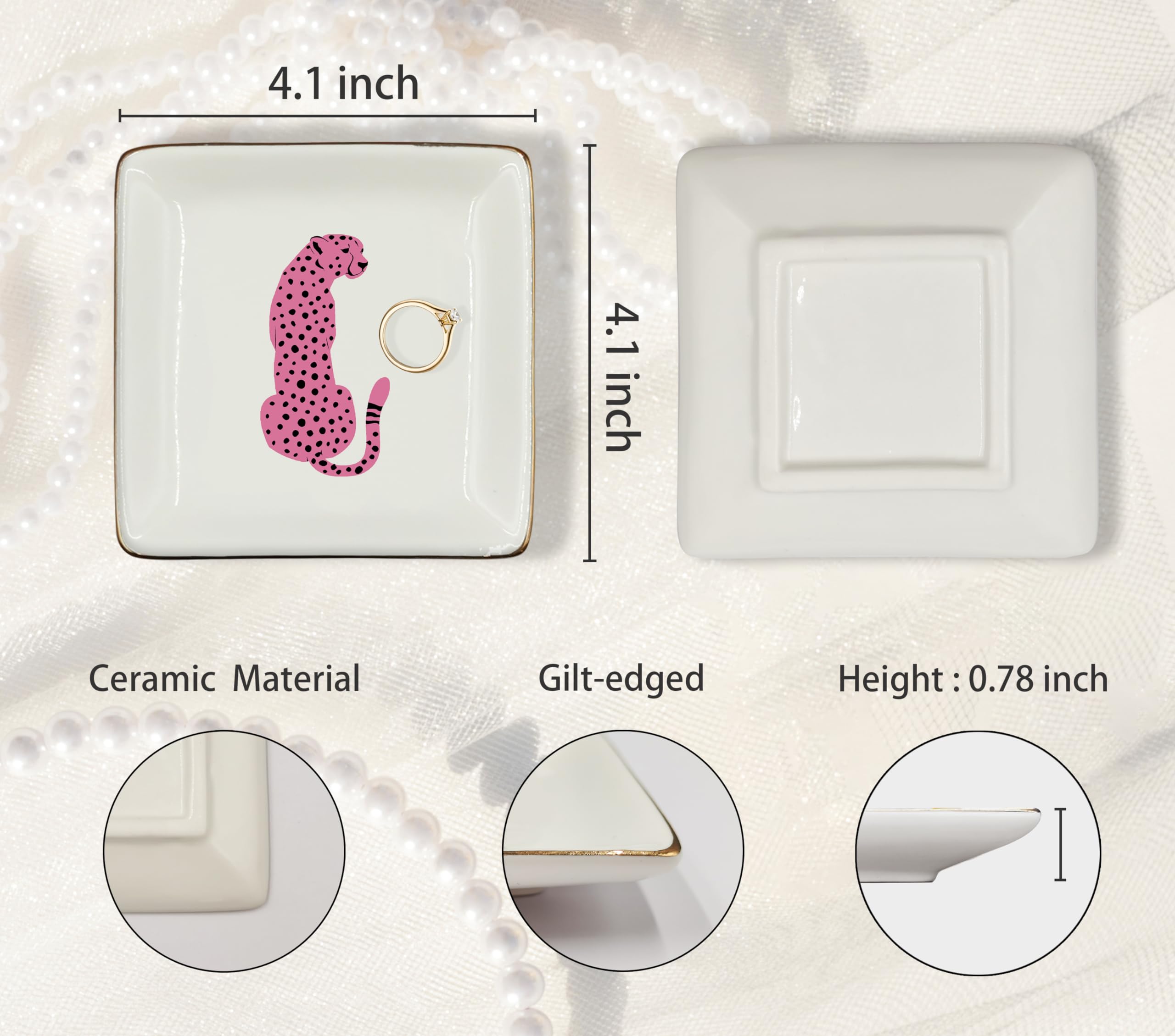 Ceramic Jewelry Tray Dish, Pink Print Jewelry Plate Trinket Dish