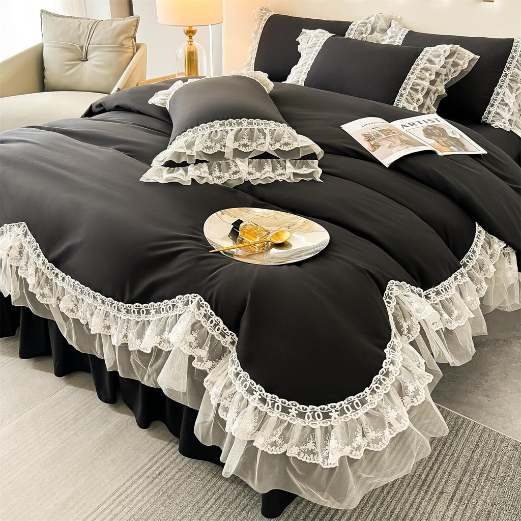 Chic Ruffle Lace Polyester Duvet Cover Set -Bedding-2 Piece Duvet Cover with Zipper Closure -Ultra Soft and Light Weight