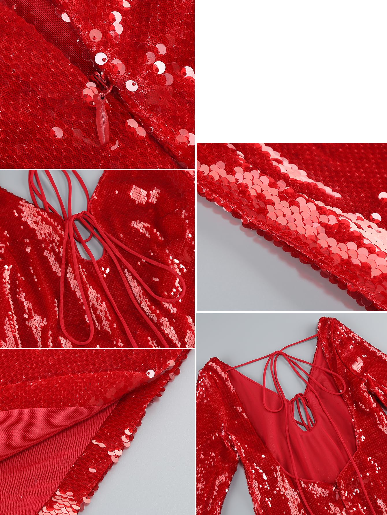 Deep V Dress with Drawstring Long Sleeve Sequin Dress for Women Long Gown