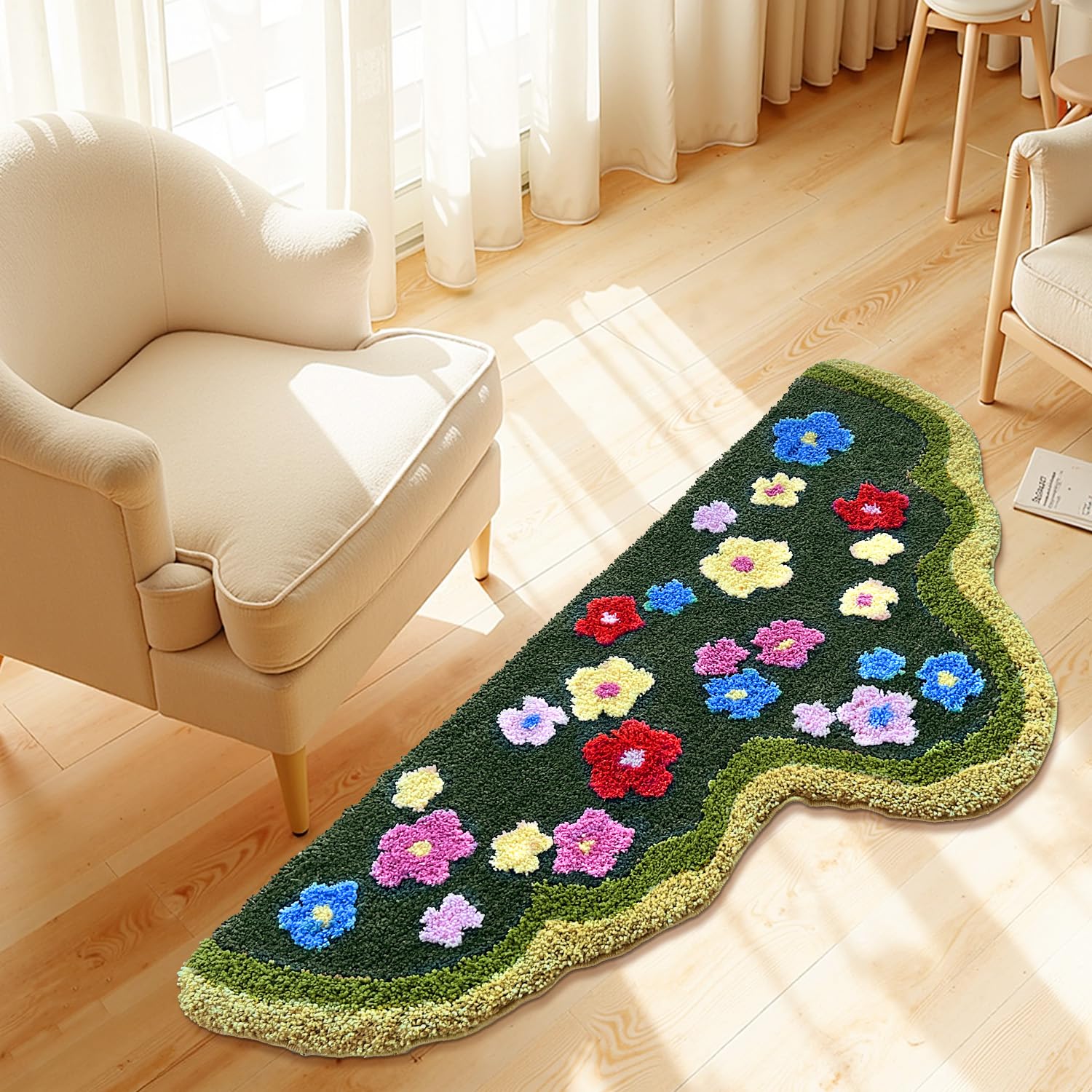 Green Moss Bathroom Rugs Bath Mat Non Slip, Ultra Soft Absorbent Aesthetic Decor Shaggy Tufted Flower Long Bath Rugs