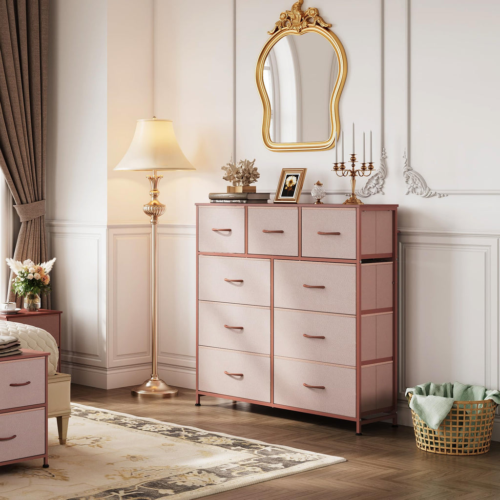 Drawer Fabric 9 Dresser â€?Tall Storage Tower with Bins, Steel Frame, and Wood Top
