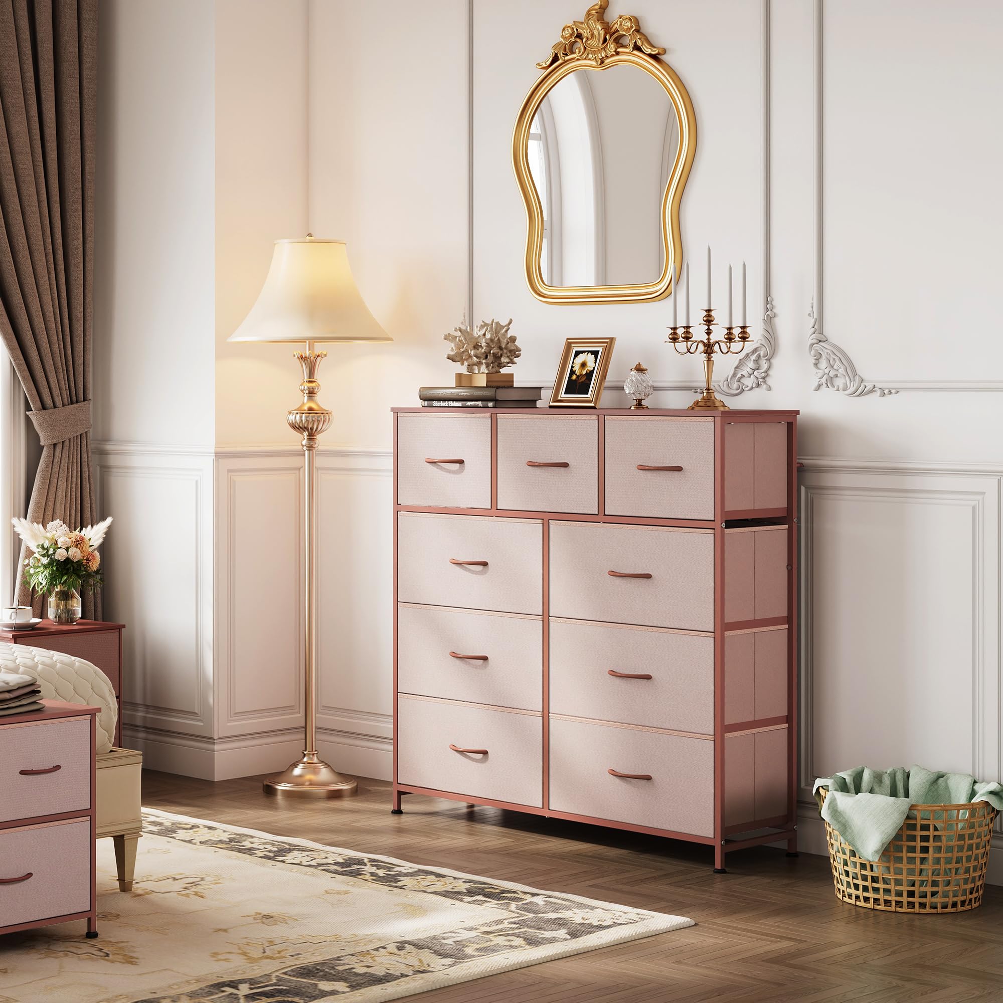 Drawer Fabric 9 Dresser â€?Tall Storage Tower with Bins, Steel Frame, and Wood Top