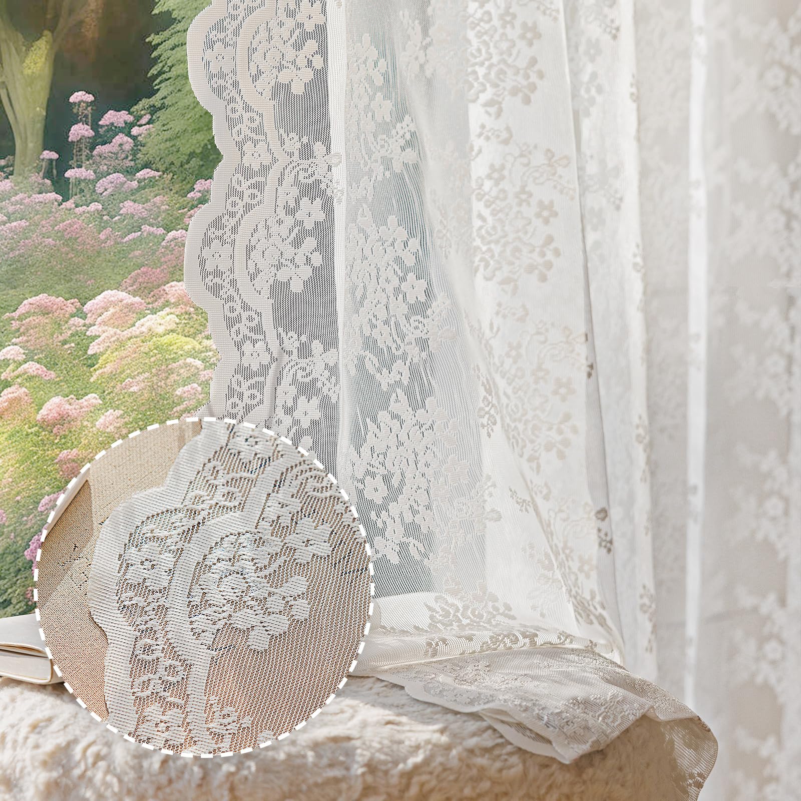 Vintage Lace Curtains, Romantic Semi Sheer Floral Lacy Curtains with Bow Curtain Ties