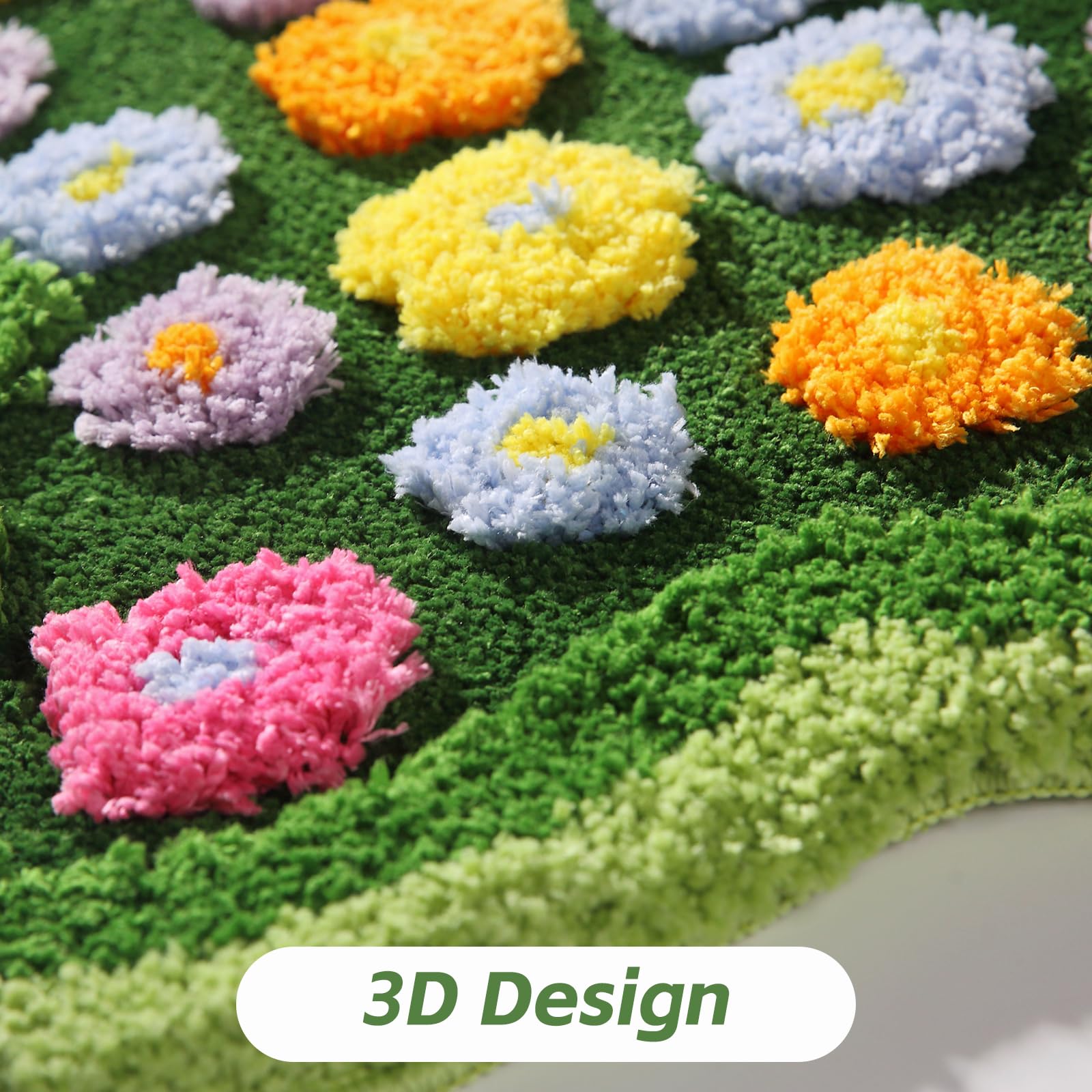 Moss Green Toilet Rugs, Luxury Tufted Extra Thick U-Shaped Toilet Rug,Cute Flower Green Moss Bath Mat Non Slip - Washable Water Absorbent Shag Bathroom Rugs for Bath