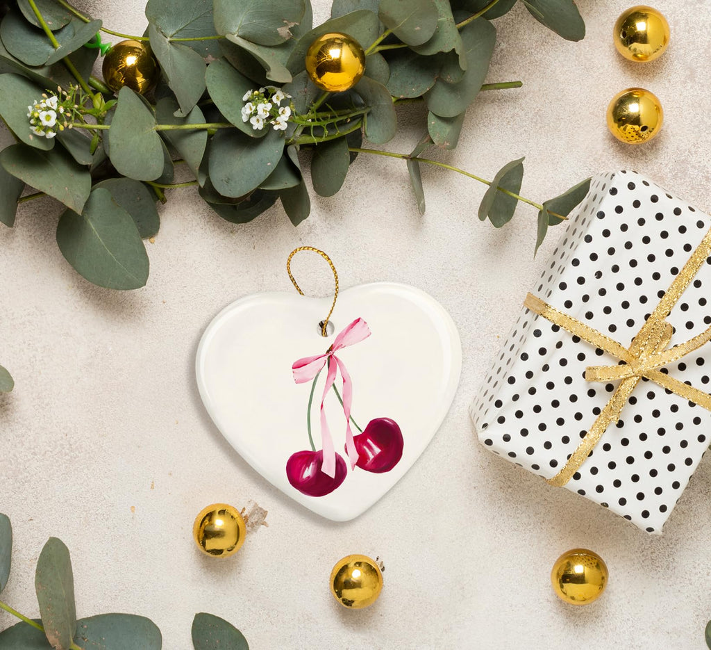 Coquette Trendy Pink Bow Ornament, Keepsake Sign for Decoration, Ceramic Heart