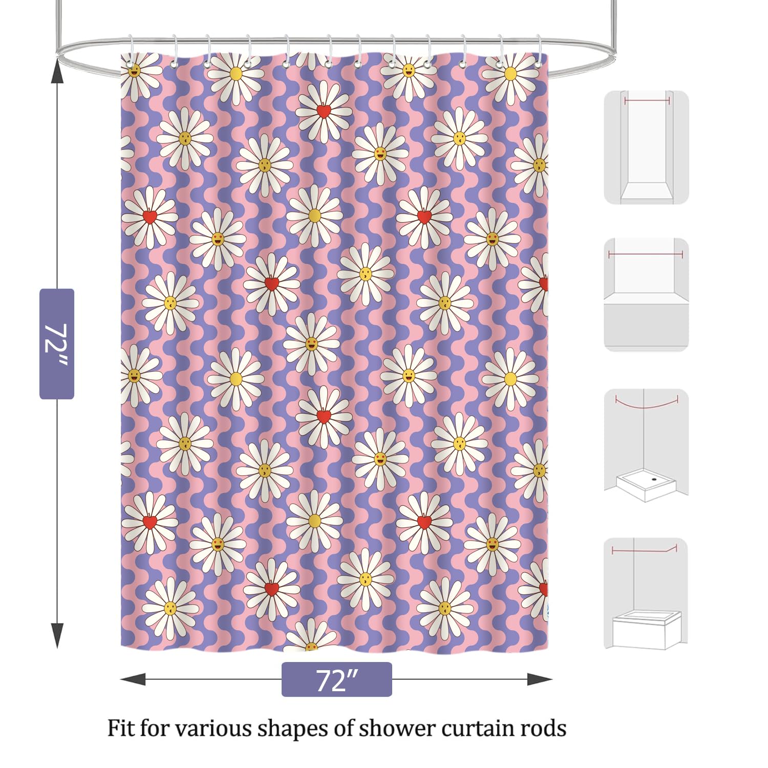 Cute Shower Curtain for Bathroom Modern Aesthetic Funky Decorative, Pretty Chic Cloth Set with Hooks, 72x72 Inch