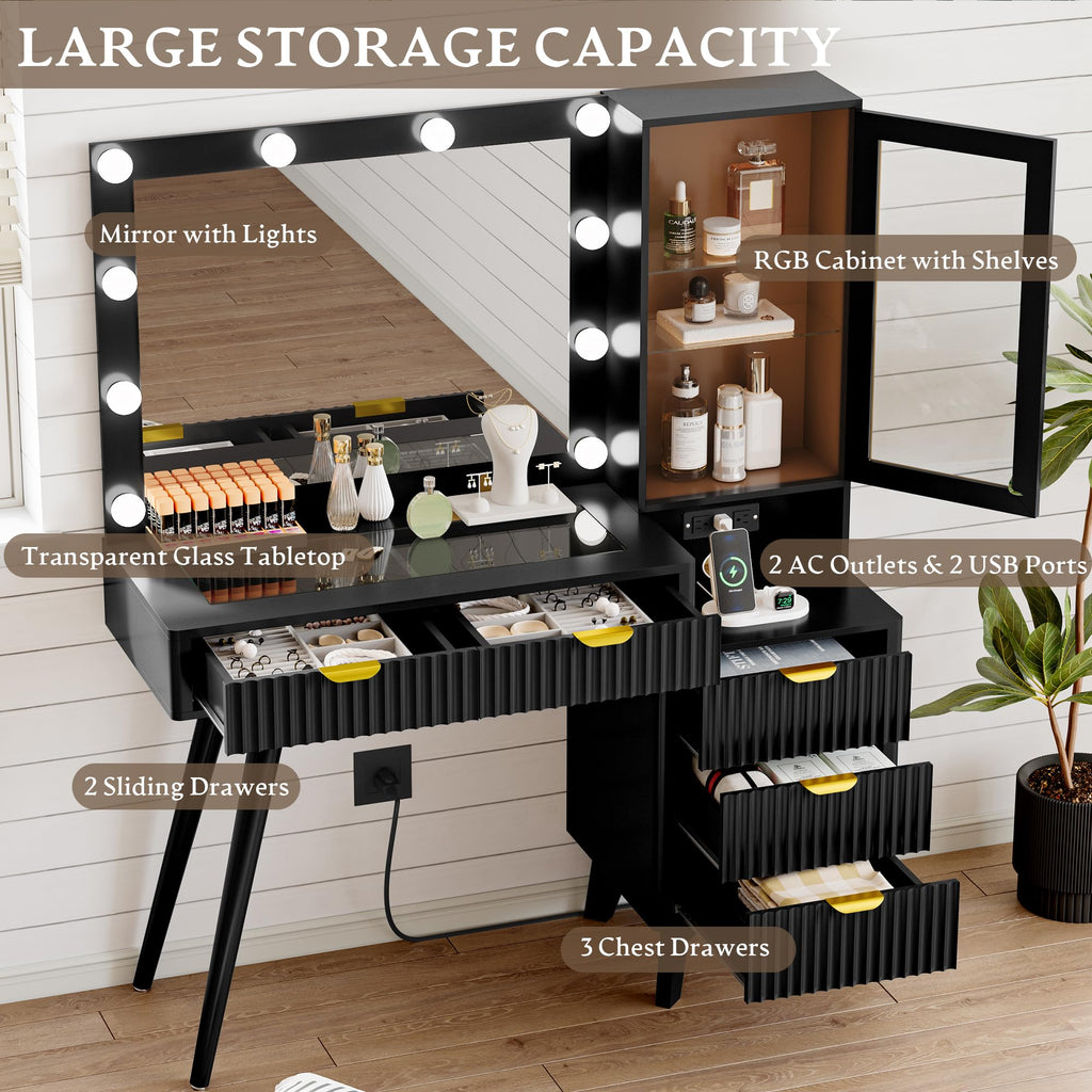 Fluted Vanity Desk with Mirror and Lights, 45" Glass Top Makeup Table Set with 5 Drawers, Power Outlet & Storage Cabinet, Large Dressing Table with RGB Ambient Light
