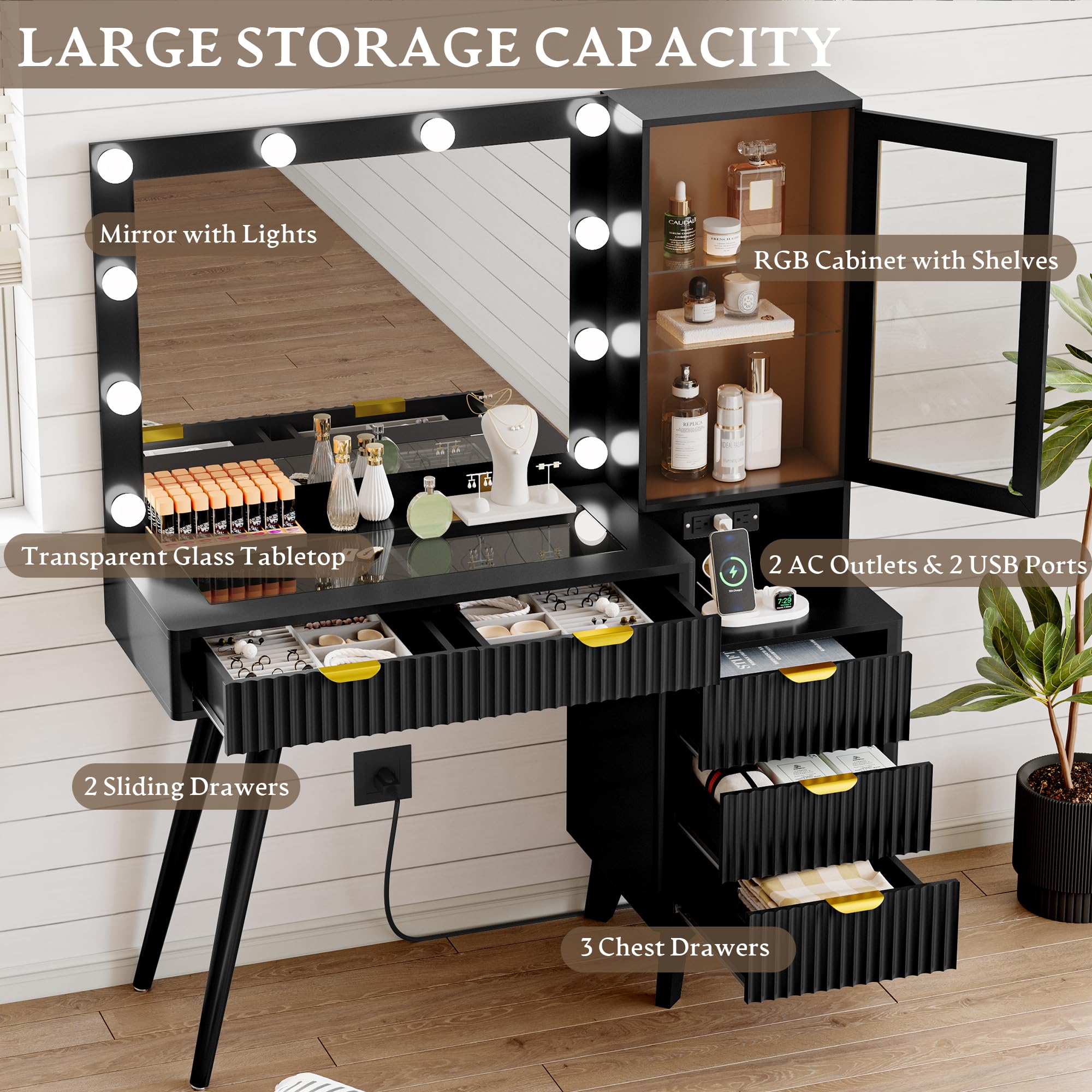 Fluted Vanity Desk with Mirror and Lights, 45" Glass Top Makeup Table Set with 5 Drawers, Power Outlet & Storage Cabinet, Large Dressing Table with RGB Ambient Light