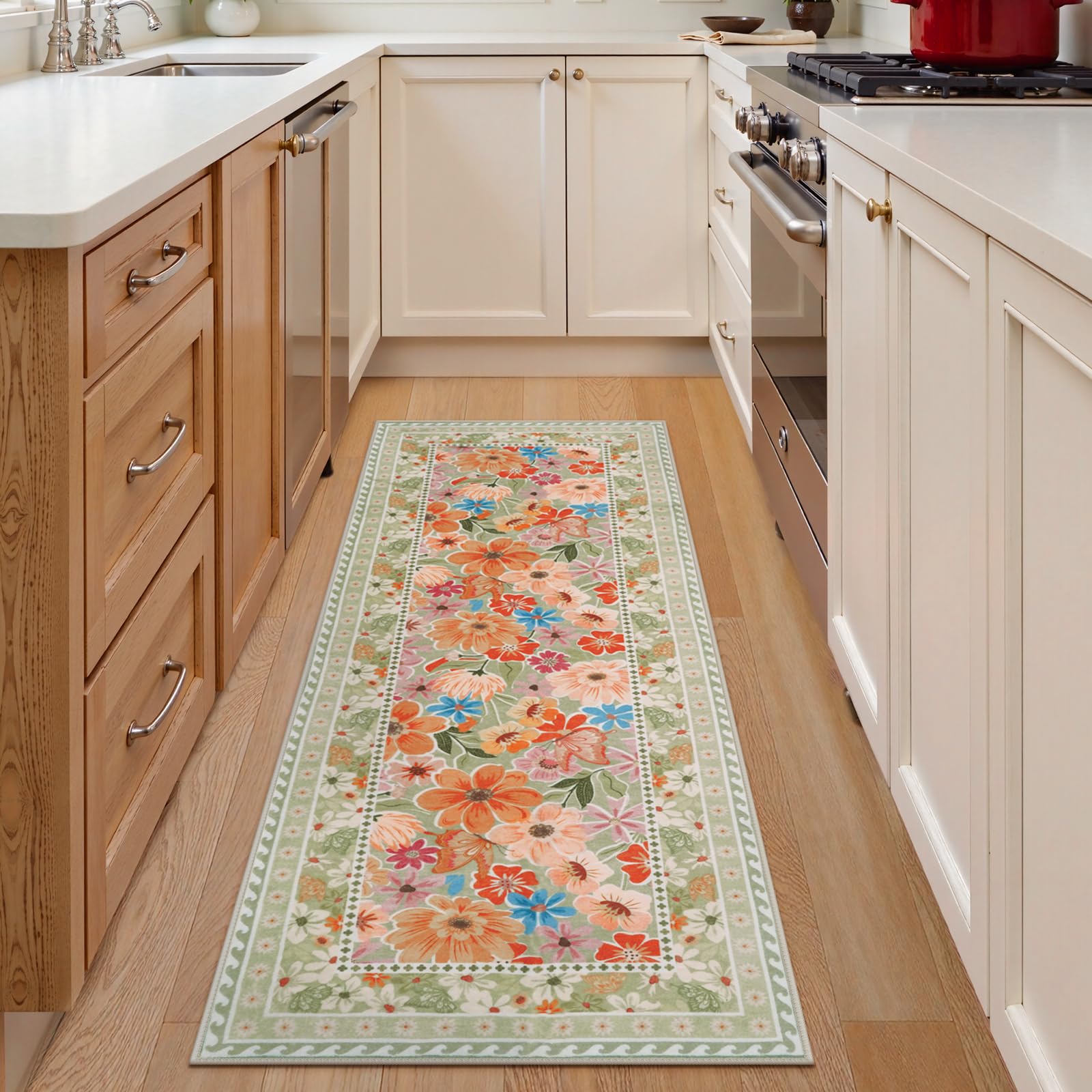 Floral Hallway Runner Rug, Runner Rugs Non Skid Washable, Low Pile Soft Boho Rugs