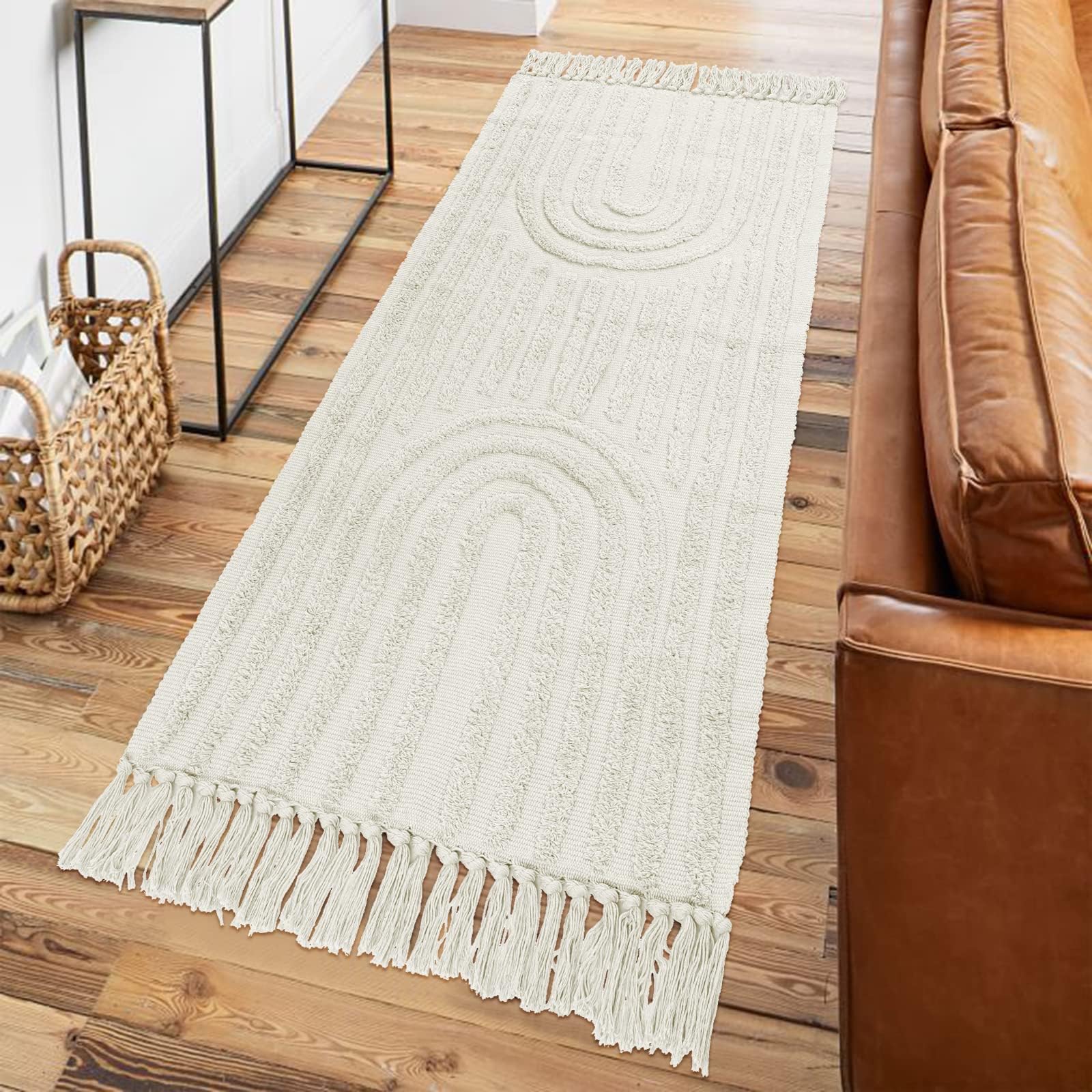 Washable Kitchen Runner Rug - Hand-Woven Bathroom Runner Rug with Tassels, Terracotta Entryway Runner Rug, Tufted Rainbow Bedroom Rug Runner, Hallway Rug for Laundry/Living Room