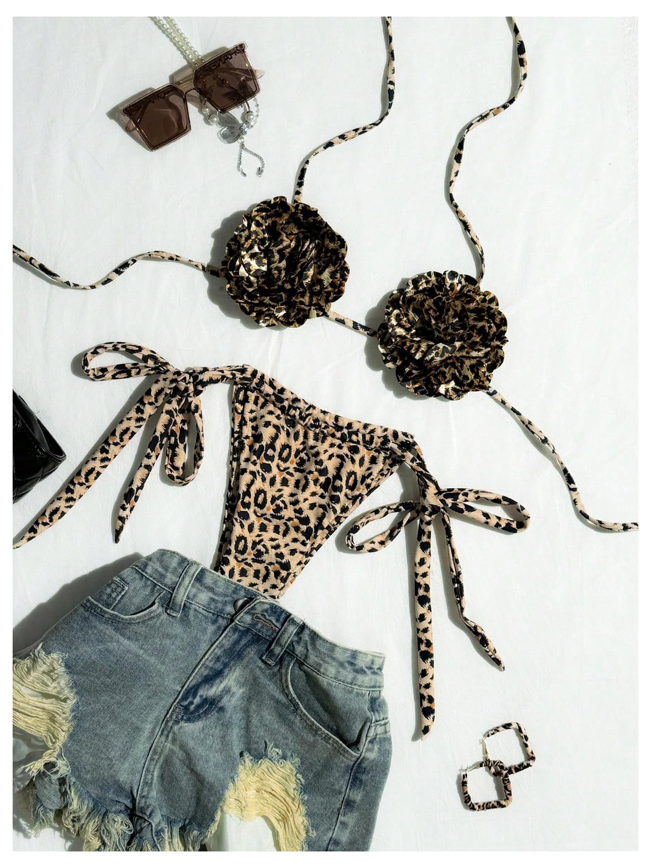 Women's Cheetah Print Bikini Sets 3D Flower Halter Tie Side Backless Beachwear Swimsuits
