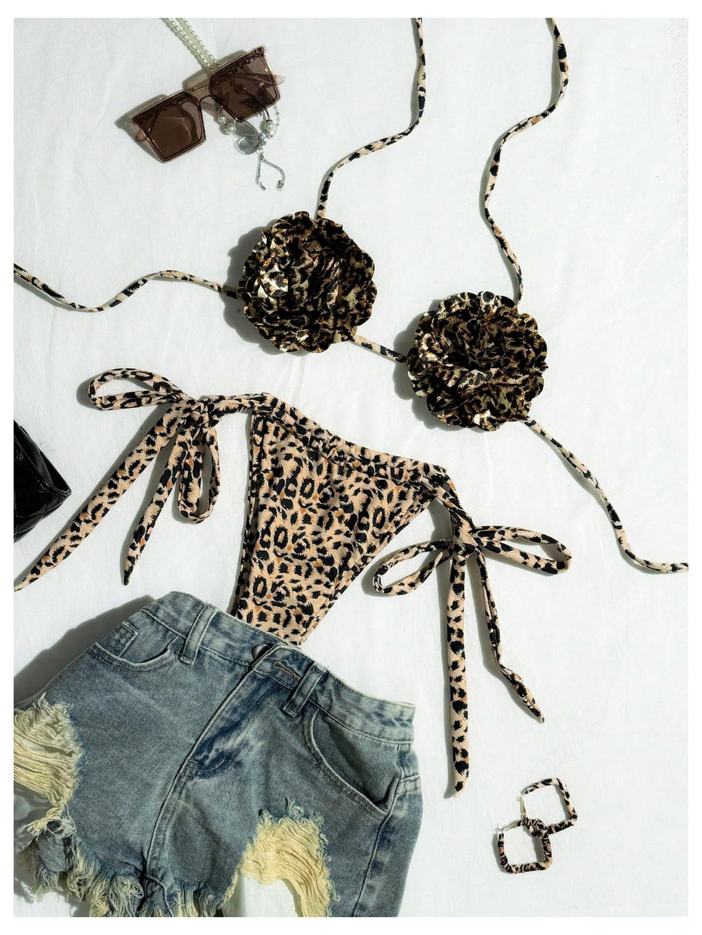 Women's Cheetah Print Bikini Sets 3D Flower Halter Tie Side Backless Beachwear Swimsuits