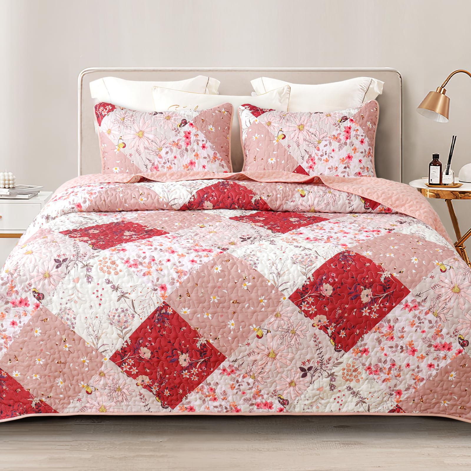 Reversible Patchwork Quilts Full Size, Lightweight Boho Printed Bedspreads Coverlets Quilt Bedding Set with 2 Pillow Shams