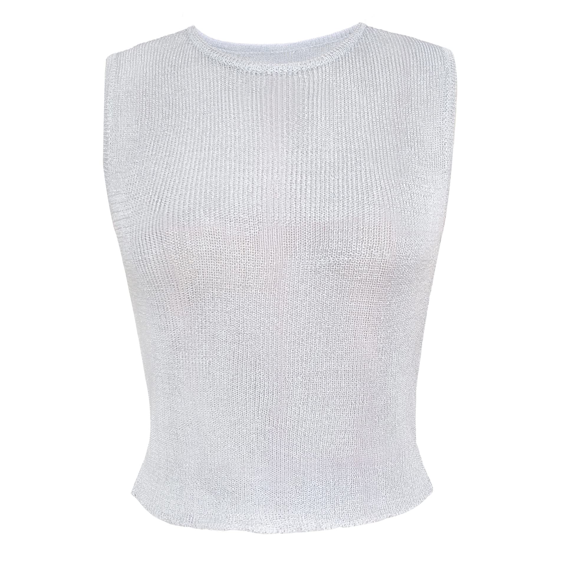 Women Sexy Fishnet Knit Glittering Crop Tank Top Sheer Mesh Sleeveless Crewneck Solid Slim Cropped Tops
