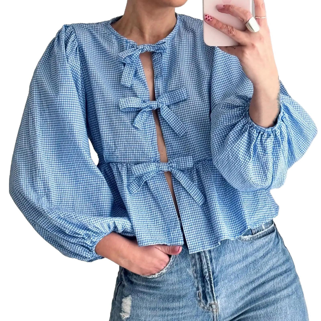 Tie Front Tops Womens Y2k Print Peplum Babydoll Top 3/4 Length Puff Sleeve Coquette Cute Going Out Tops