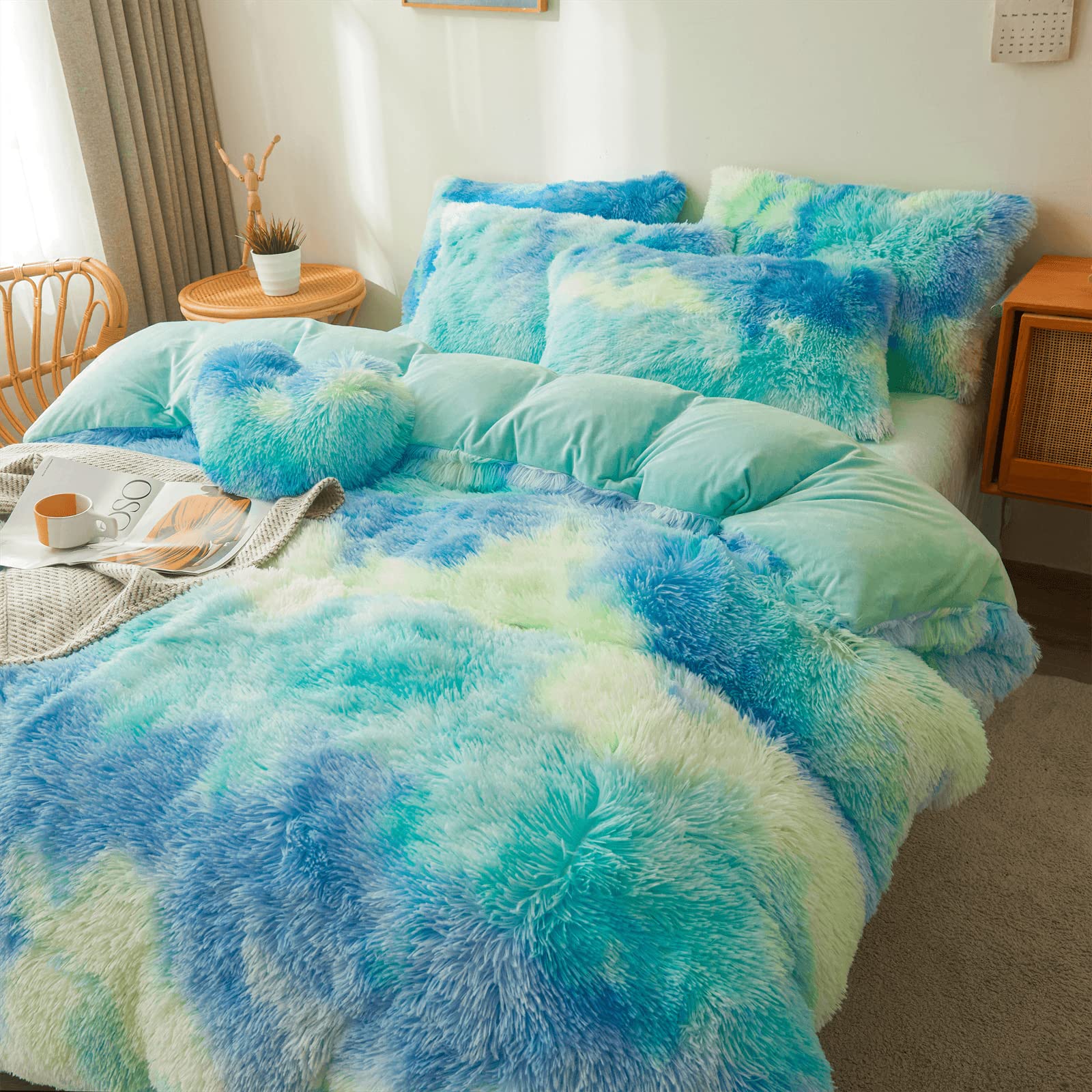 Fluffy Faux Fur Comforter Cover Set Queen - Ultra Soft Plush Bedding Sets 3 Pieces (1 Fluffy Duvet Cover + 2 Faux Fur Pillow case) Cute Bed Set