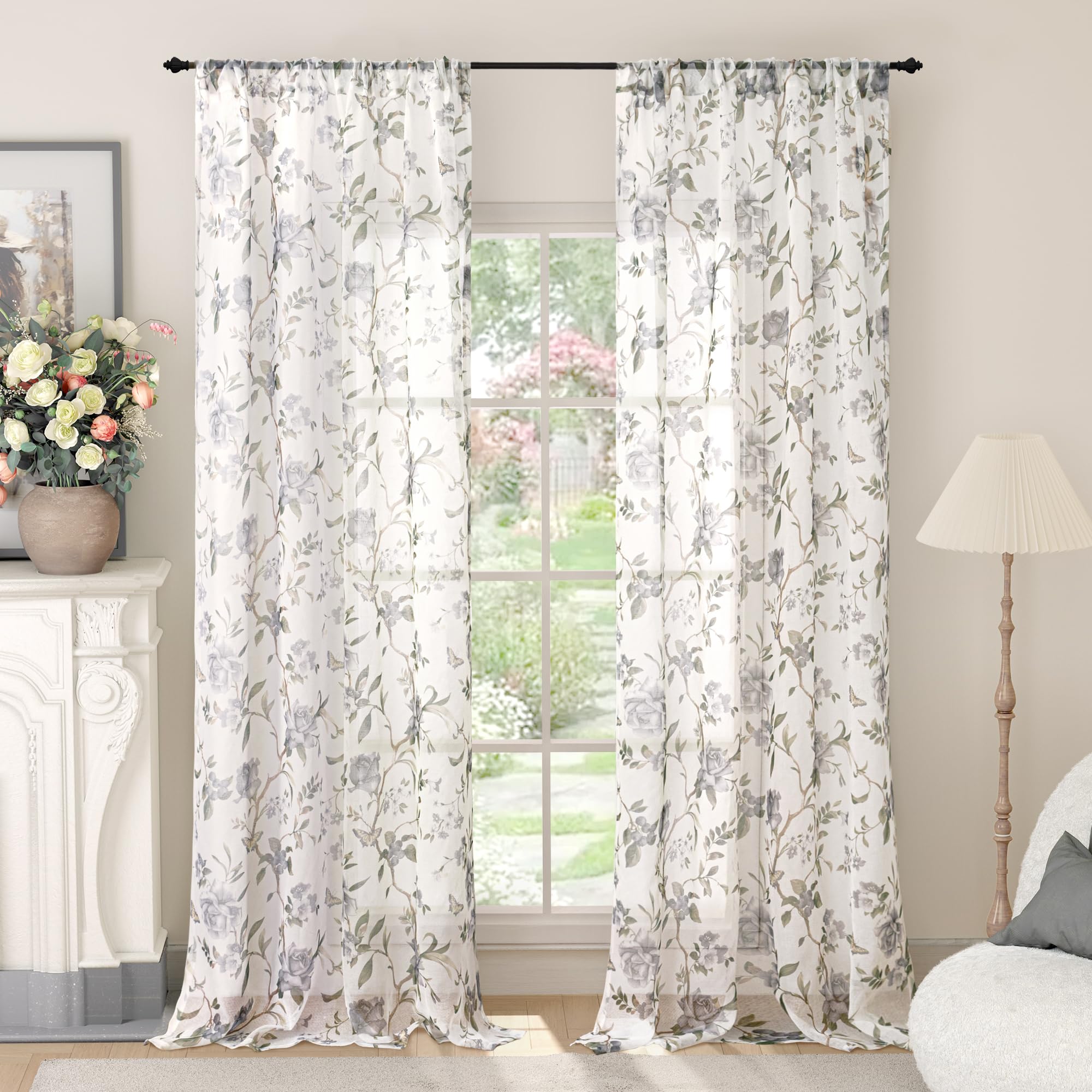 Floral Sheer Curtains, Vintage Light Filtering Semi-Sheer Linen Curtains