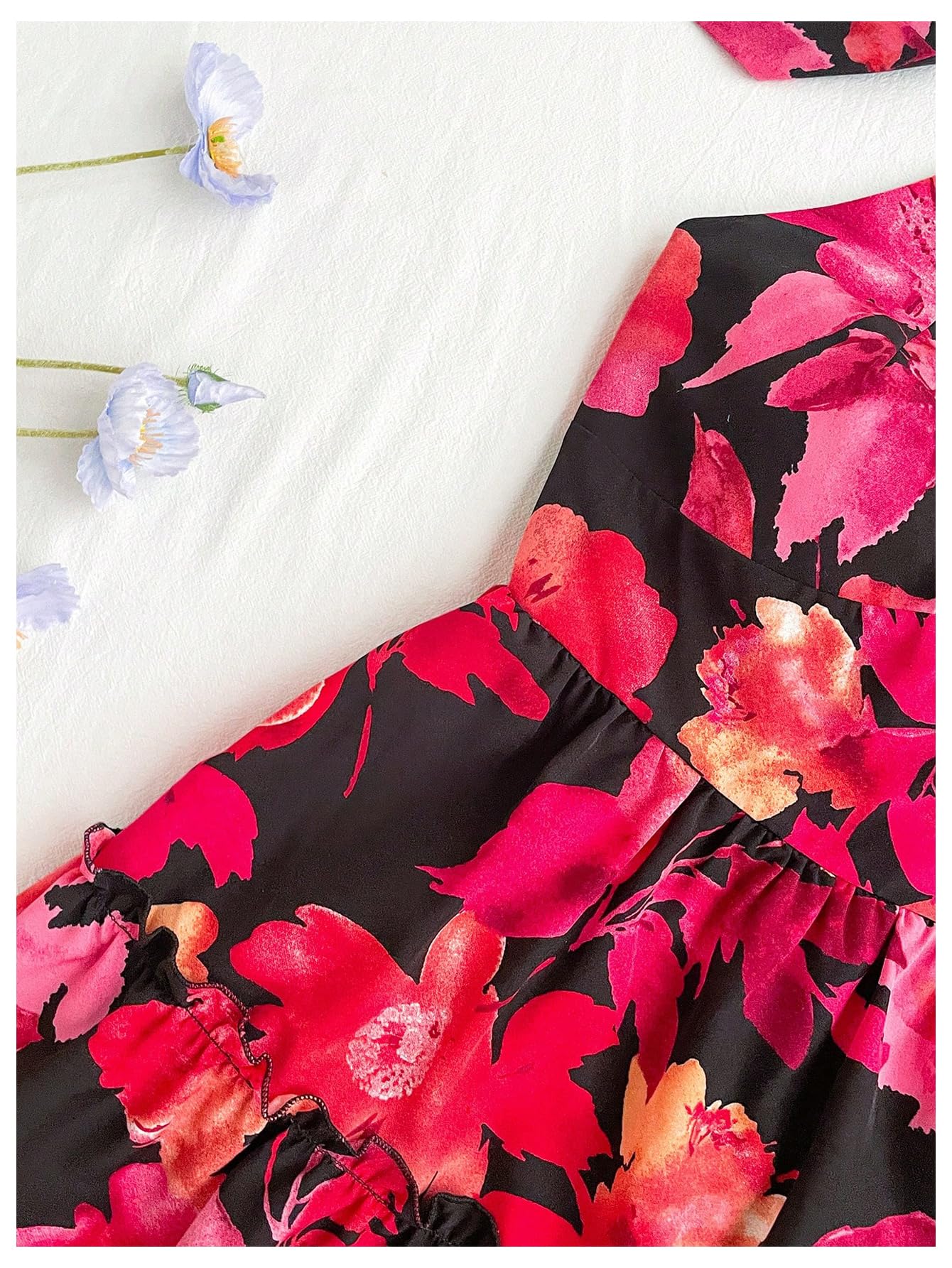 Women's Floral Print Sleeveless Halter Neck Layered Hem A Line Mini Dress