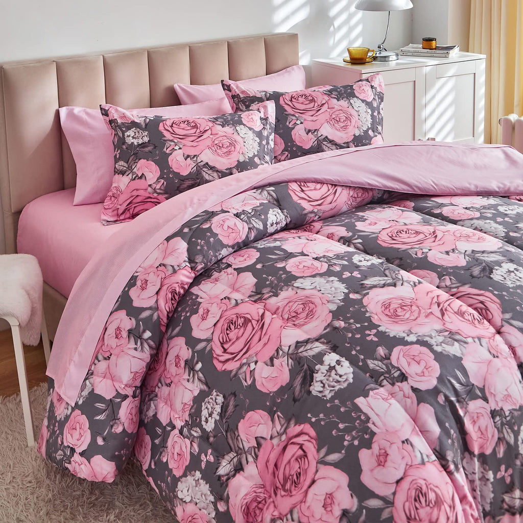 Flower Comforter Sheet Set White Bed in a Bag 7 Pieces Size, Pink Floral Microfiber Bedding Set (1 Comforter 2 Pillow Shams 1 Flat Sheet 1 Fitted Sheet 2 Pillowcases)