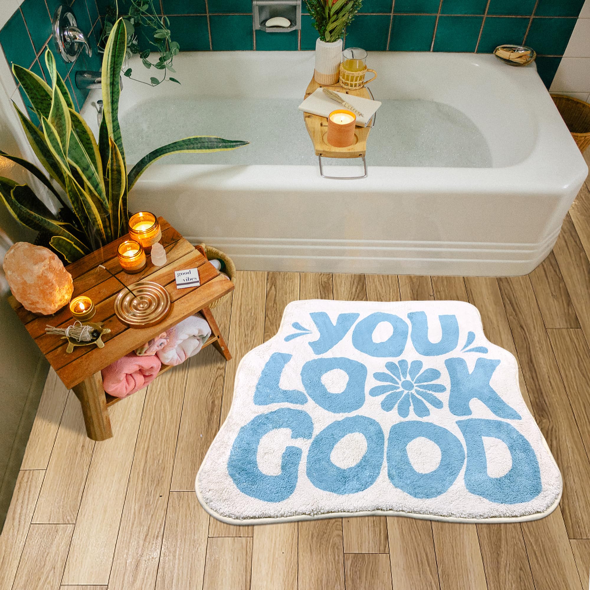 You Look Good Bath Mat Flower Bathroom Rug, Soft Absorbent Water Non Slip Rug, Superior Washable Microfiber (21"x25")