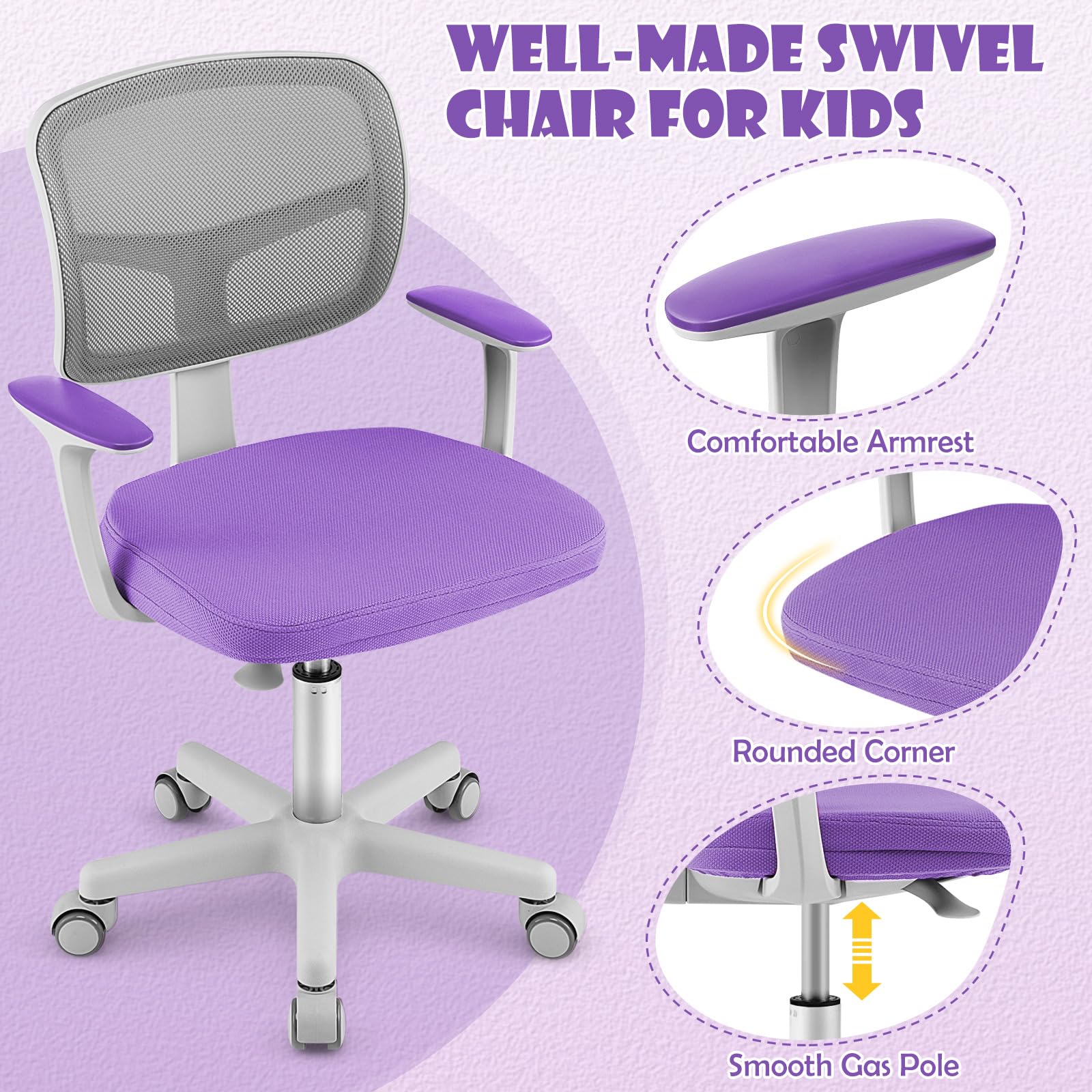 Swivel Adjustable Mesh Study Chair with Wheels & Arms, Ergonomic Computer Task Chair with Lumbar Support