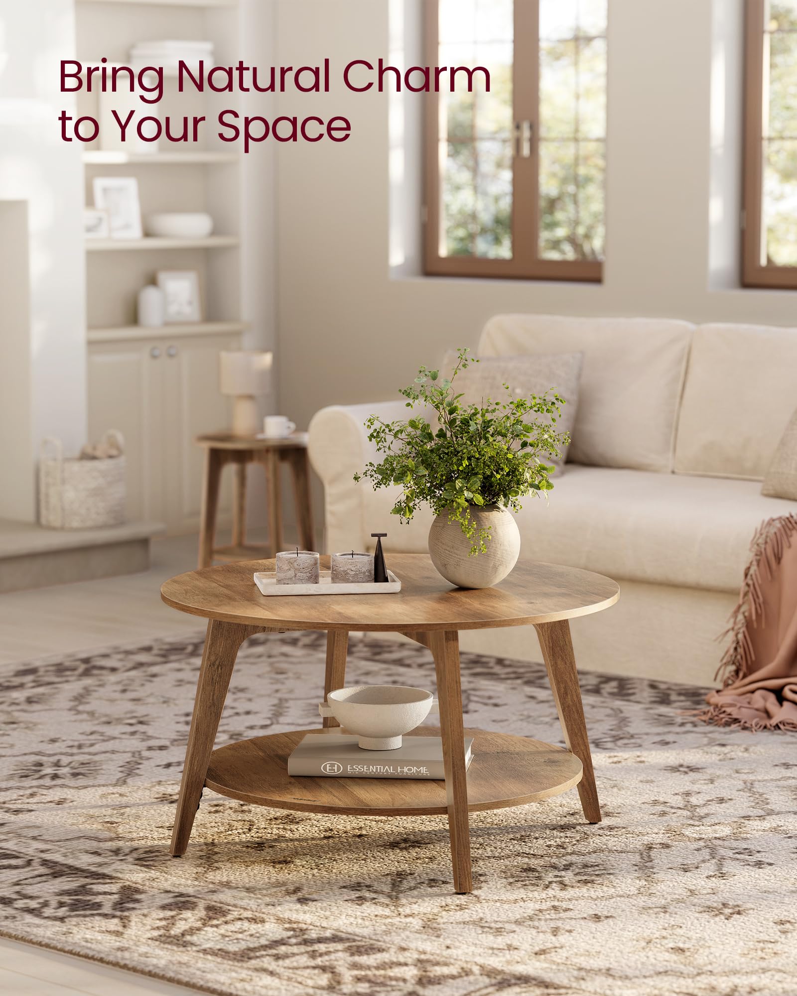 Round Coffee Table, 2 Tier Coffee Table with Storage, for Living Room, 31.5 x 17.7 Inches, Easy to Assemble