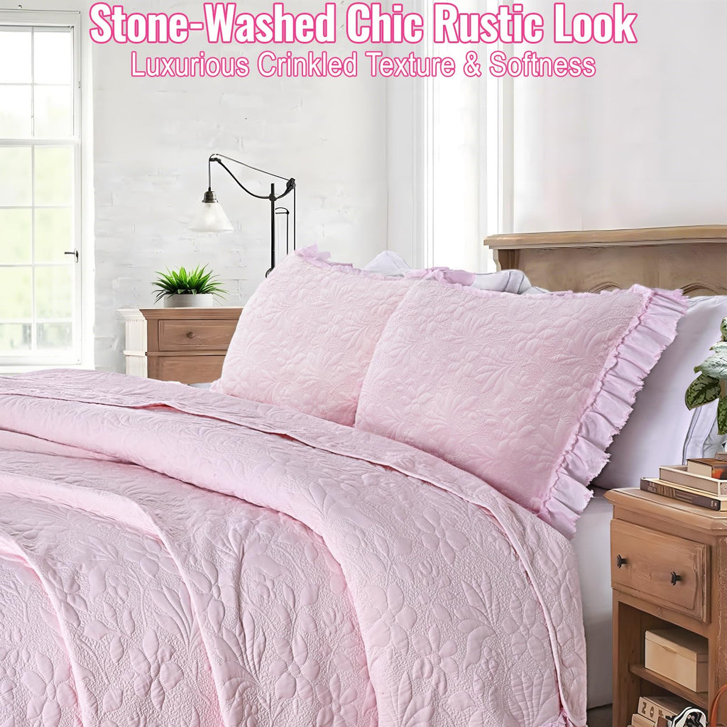 Ruffled Floral Quilts Soybean Fiber Filling Bedding Set 3 Piece, Stone-Washed Microfiber Shabby Chic Lightweight Soft Bedspread
