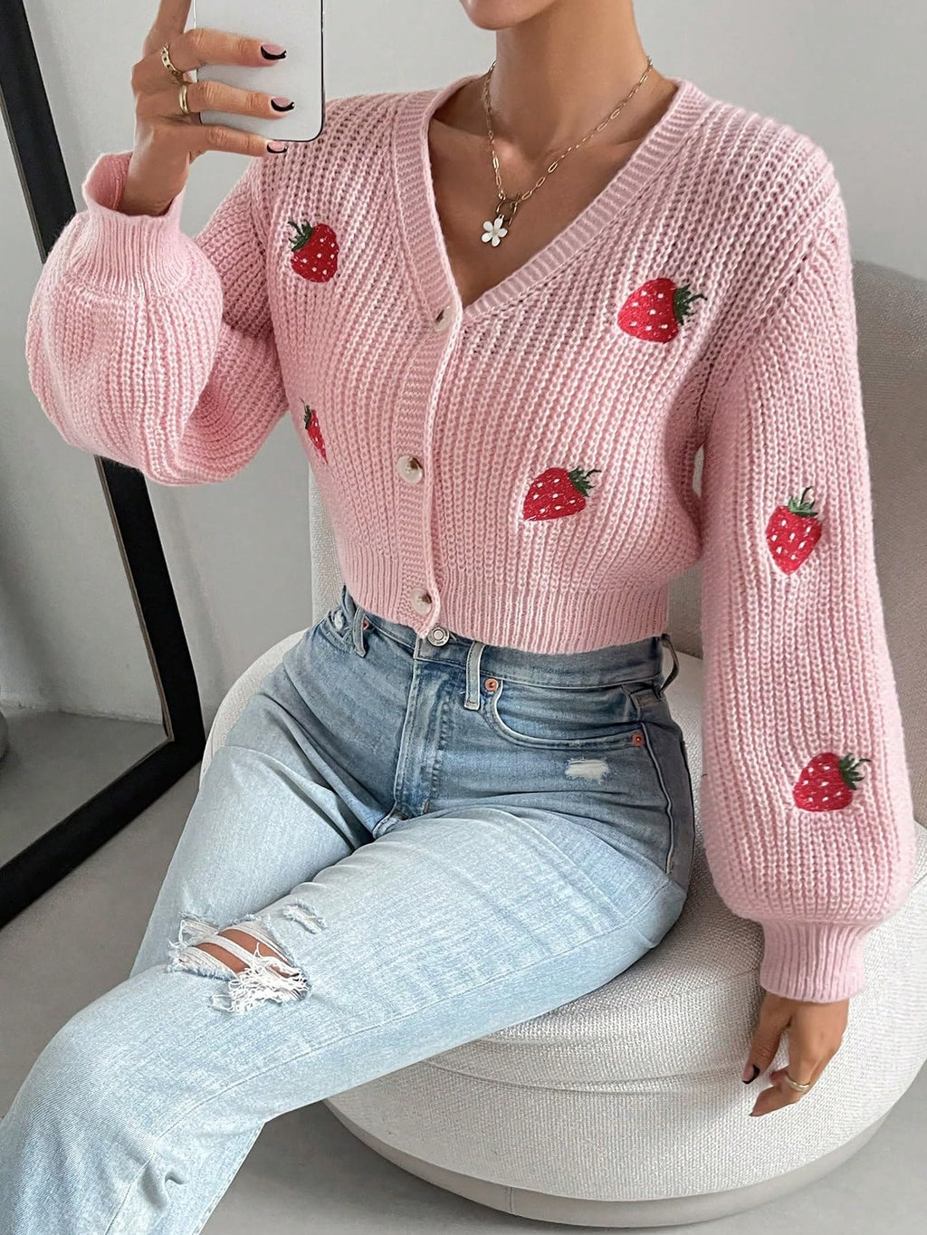 Women's Strawberry Embroidery Crop Cardigan Drop Shoulder Button Up Sweater Tops V Neck Outerwear