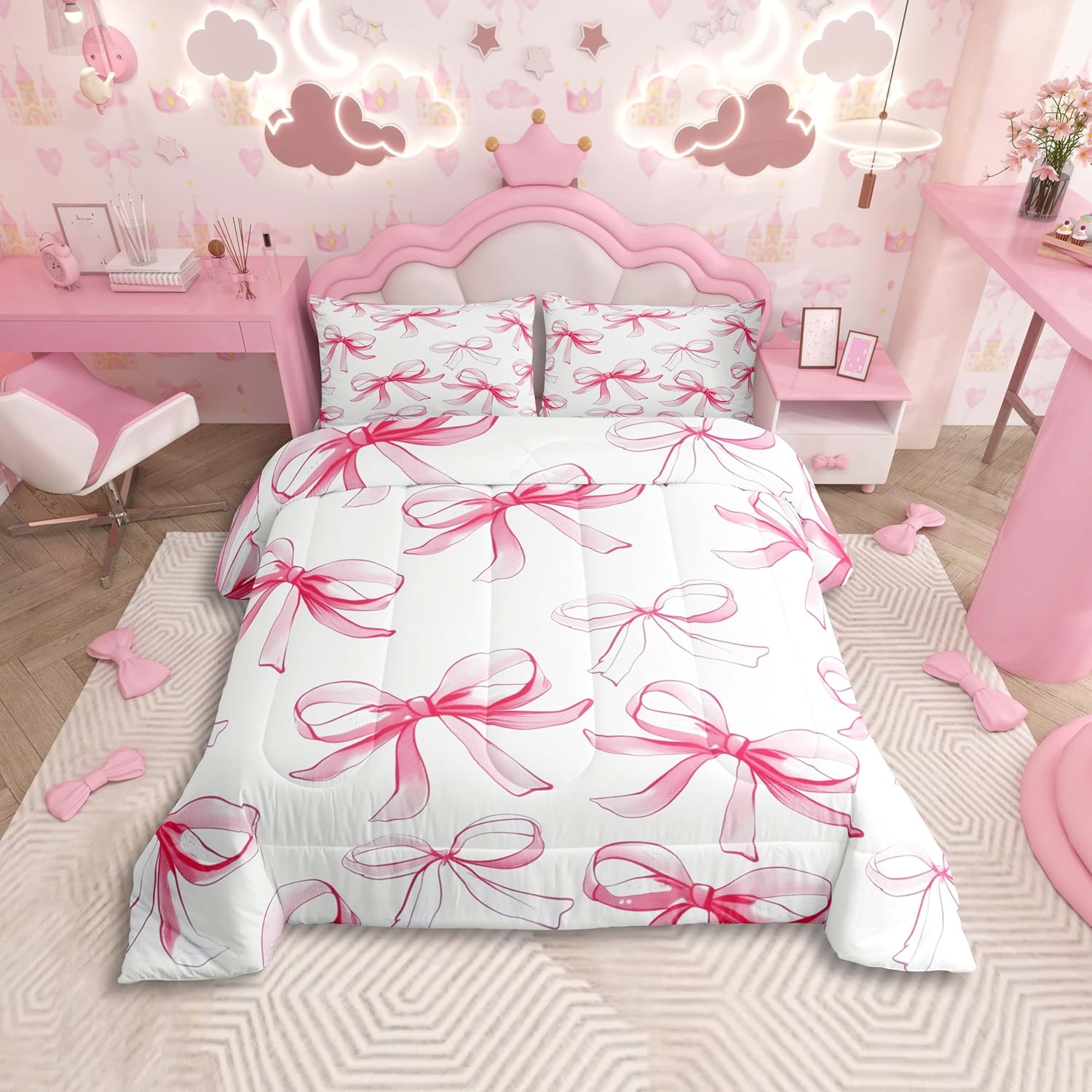 Pink Decorative Bowknot Bedding Set Comforter Set Coquette Bows Comforter Ultra Soft Decor Ribbon Bow Duvet Set