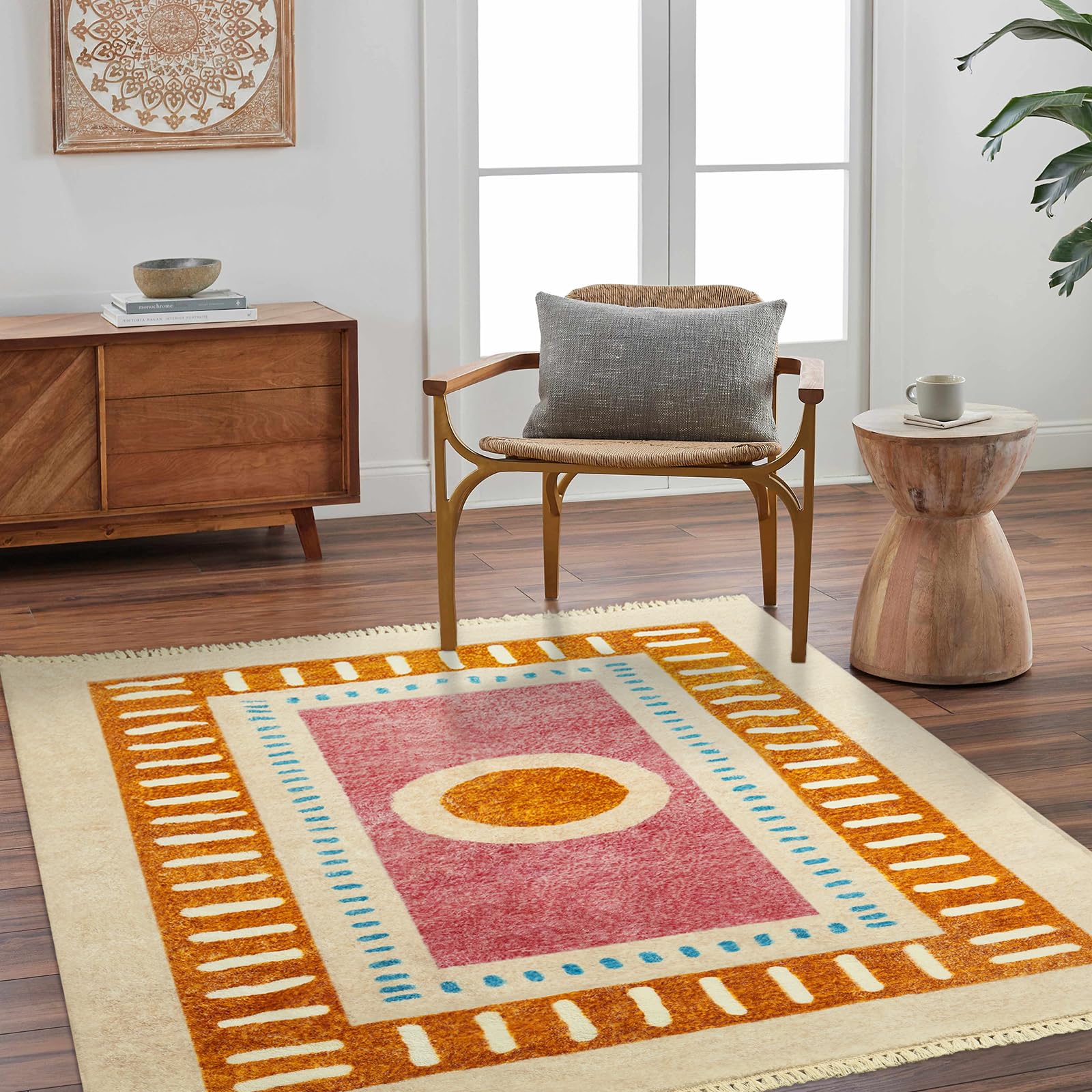 Orange Rainbow Boho Runner Rugs with Fringes, Sun Washable Hallway Runner Rug, Soft Non-Slip Area Rug