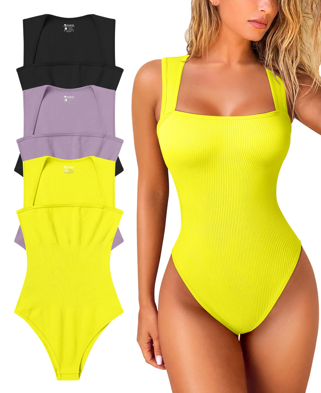 Women's 3 Piece Bodysuits Sexy Ribbed Strappy Square Neck Sleeveless Tummy Control Tank Tops Bodysuits