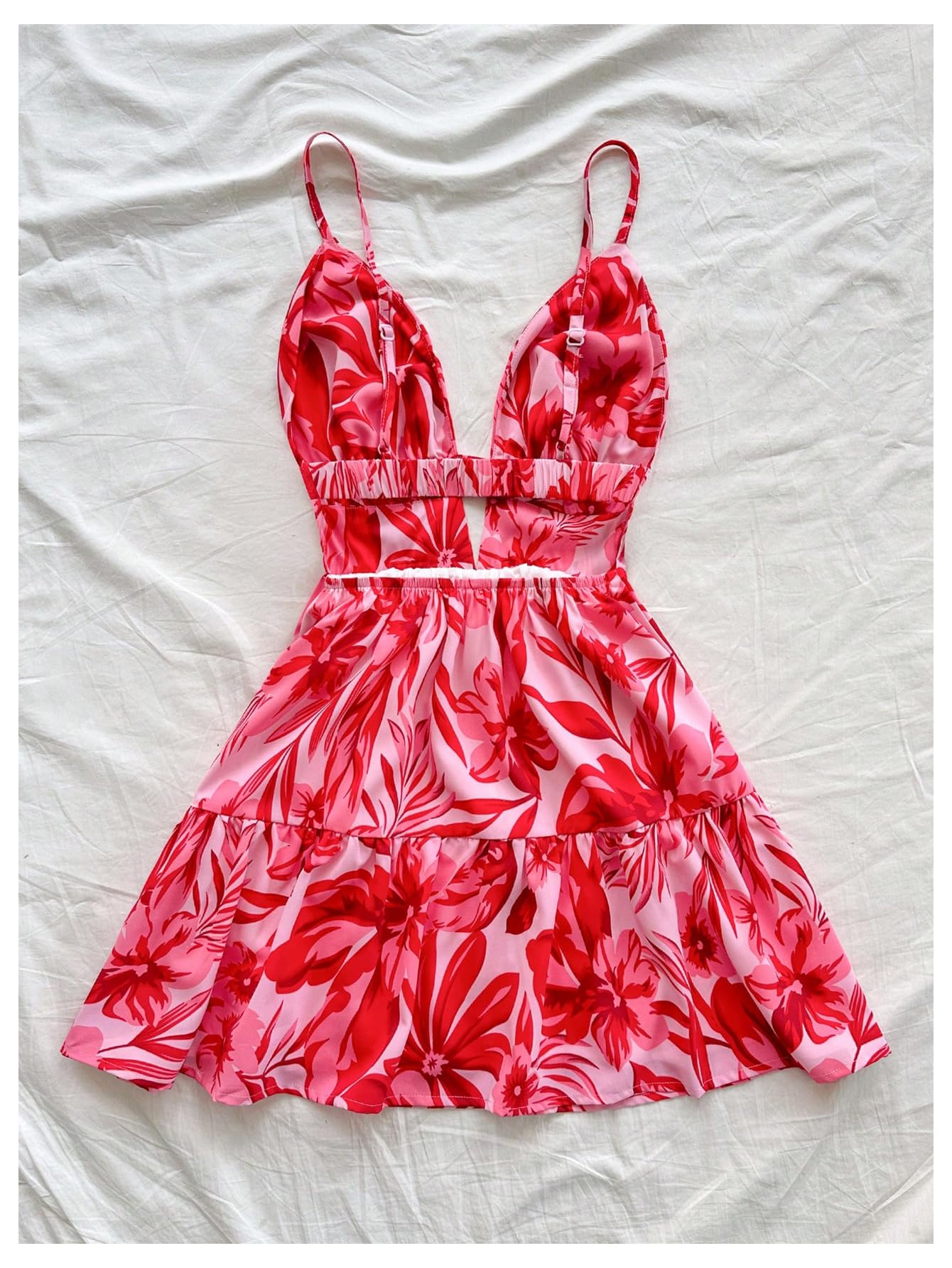 Women's Sleeveless Butterfly Print Cut Out V Neck Tiered Mini Cami Dresses